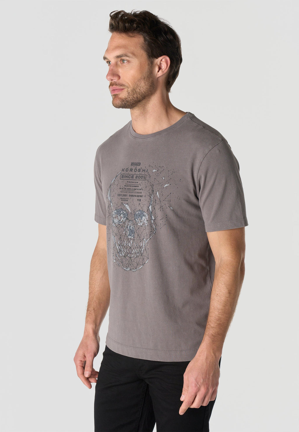 Camiseta Hombre Manga Corta Lavada Estampado Calavera Gris – Koroshi