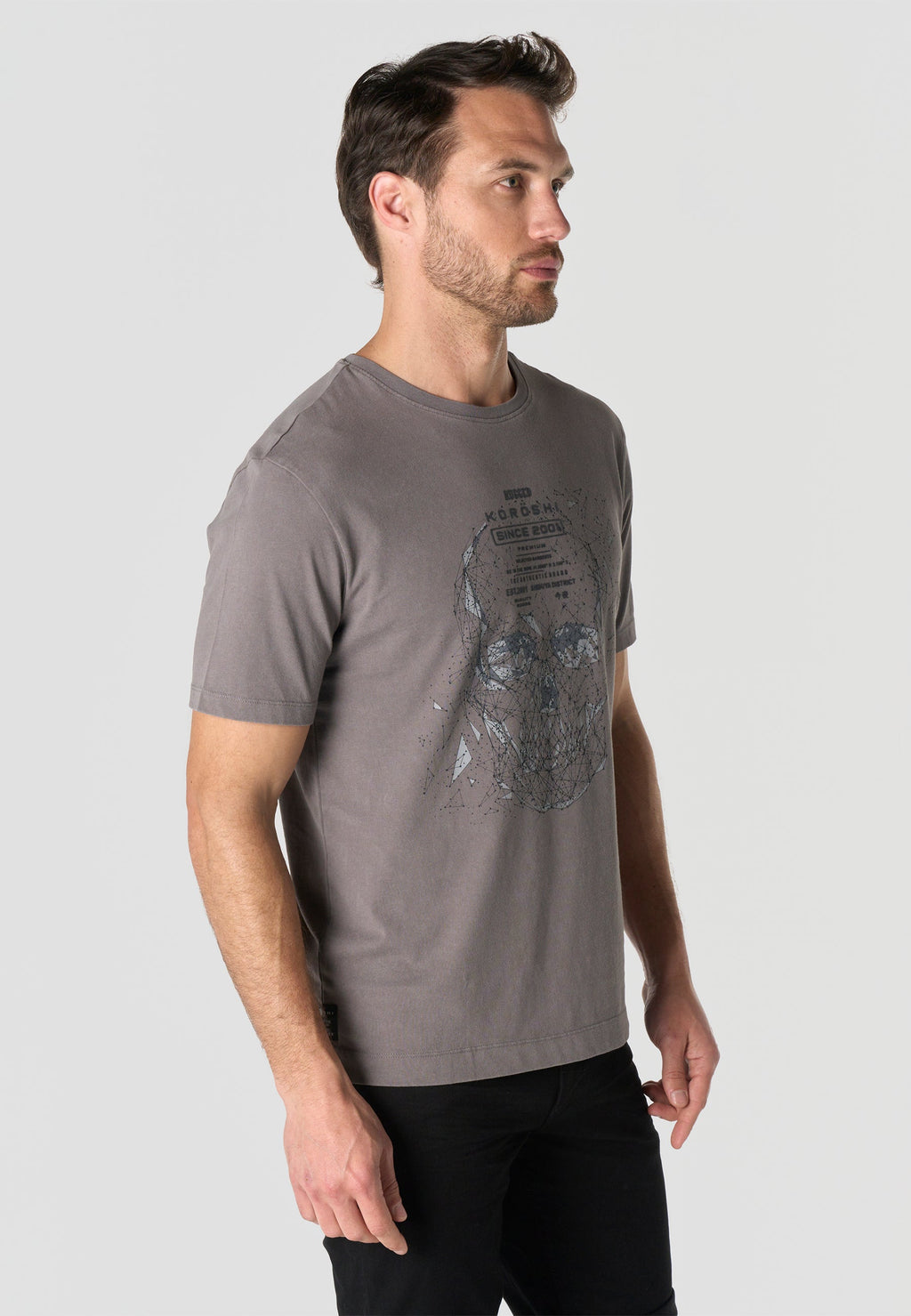 Camiseta Hombre Manga Corta Lavada Estampado Calavera Gris – Koroshi