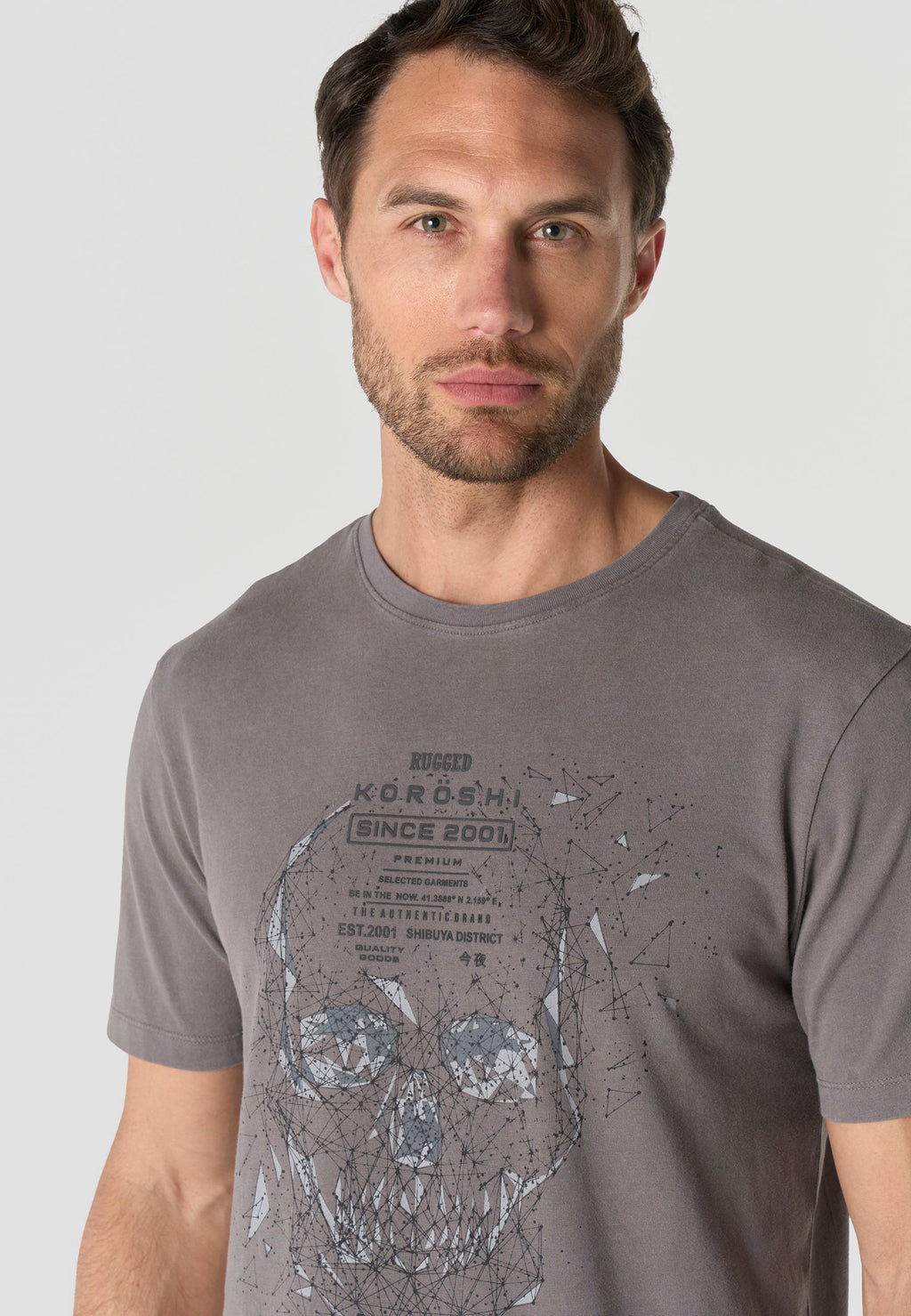 Camiseta Hombre Manga Corta Lavada Estampado Calavera Gris – Koroshi