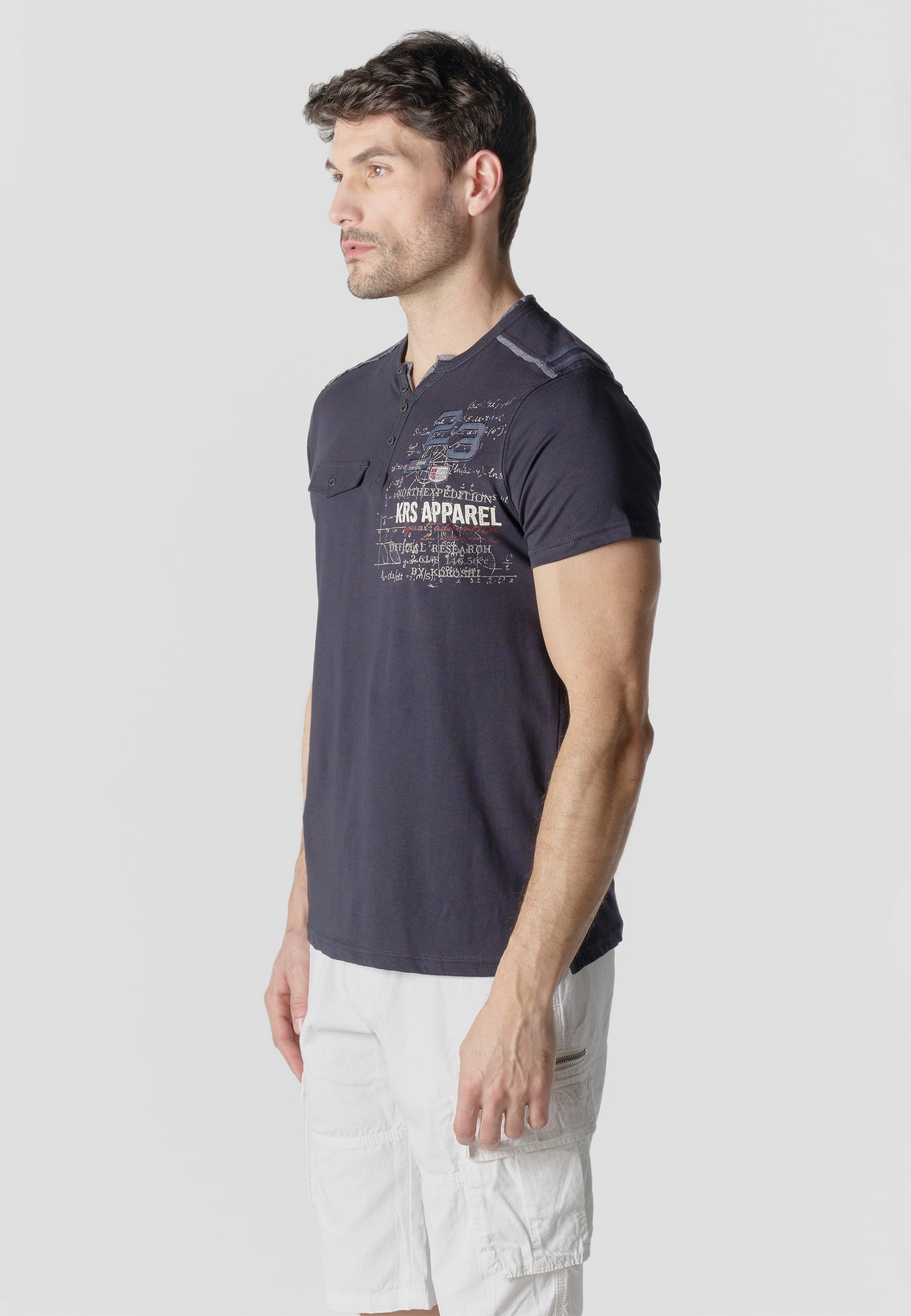 Camiseta Hombre Manga Corta Henley Bordados con Bolsillo – Koroshi 2611MC22