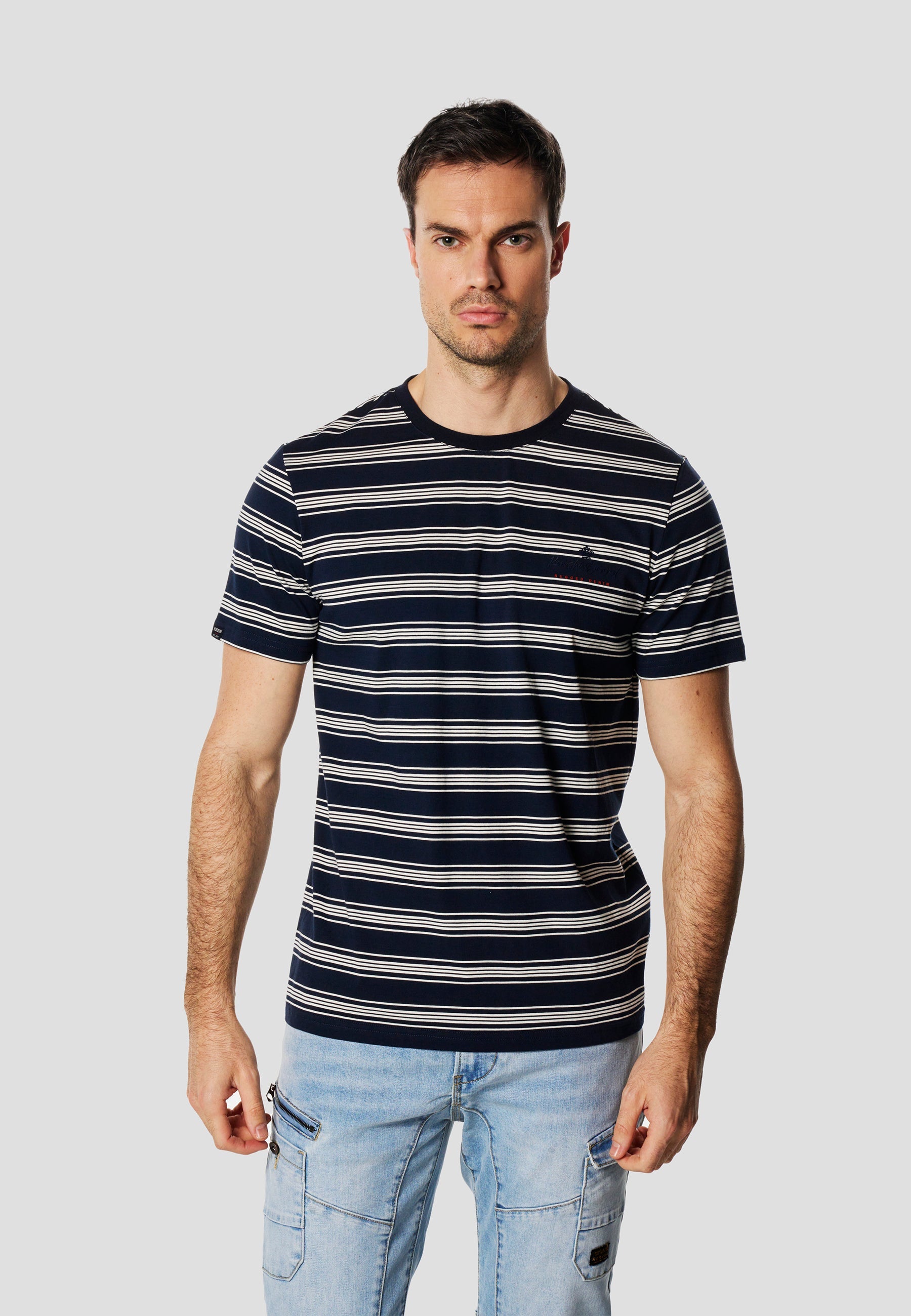 Camiseta Hombre Manga Corta Rayas Bordado Pecho Navy – Koroshi