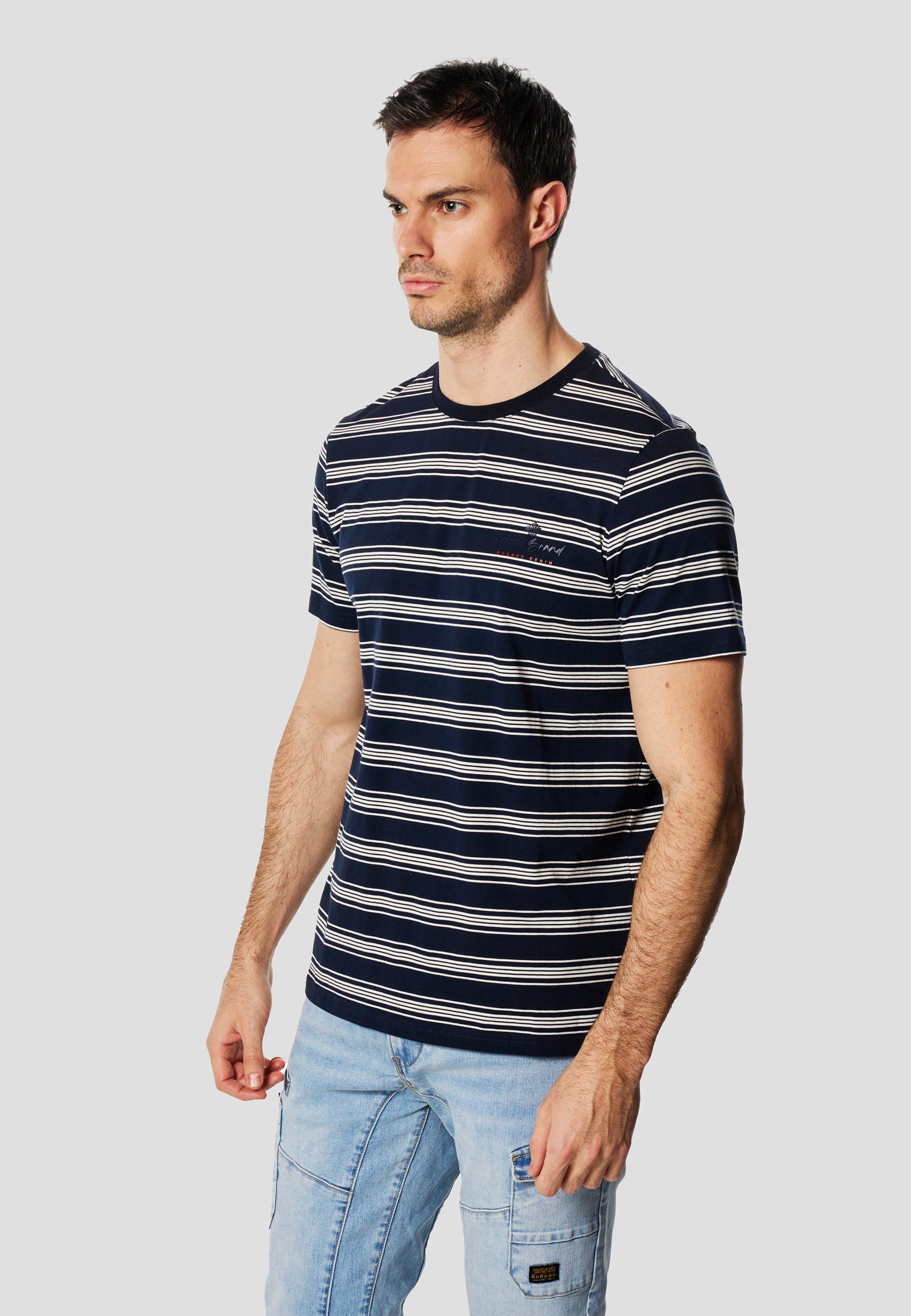 Camiseta Hombre Manga Corta Rayas Bordado Pecho Navy – Koroshi