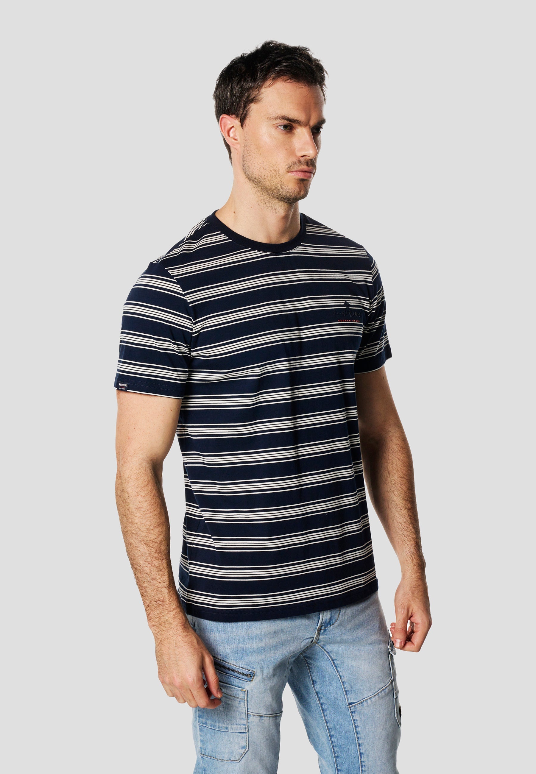 Camiseta Hombre Manga Corta Rayas Bordado Pecho Navy – Koroshi