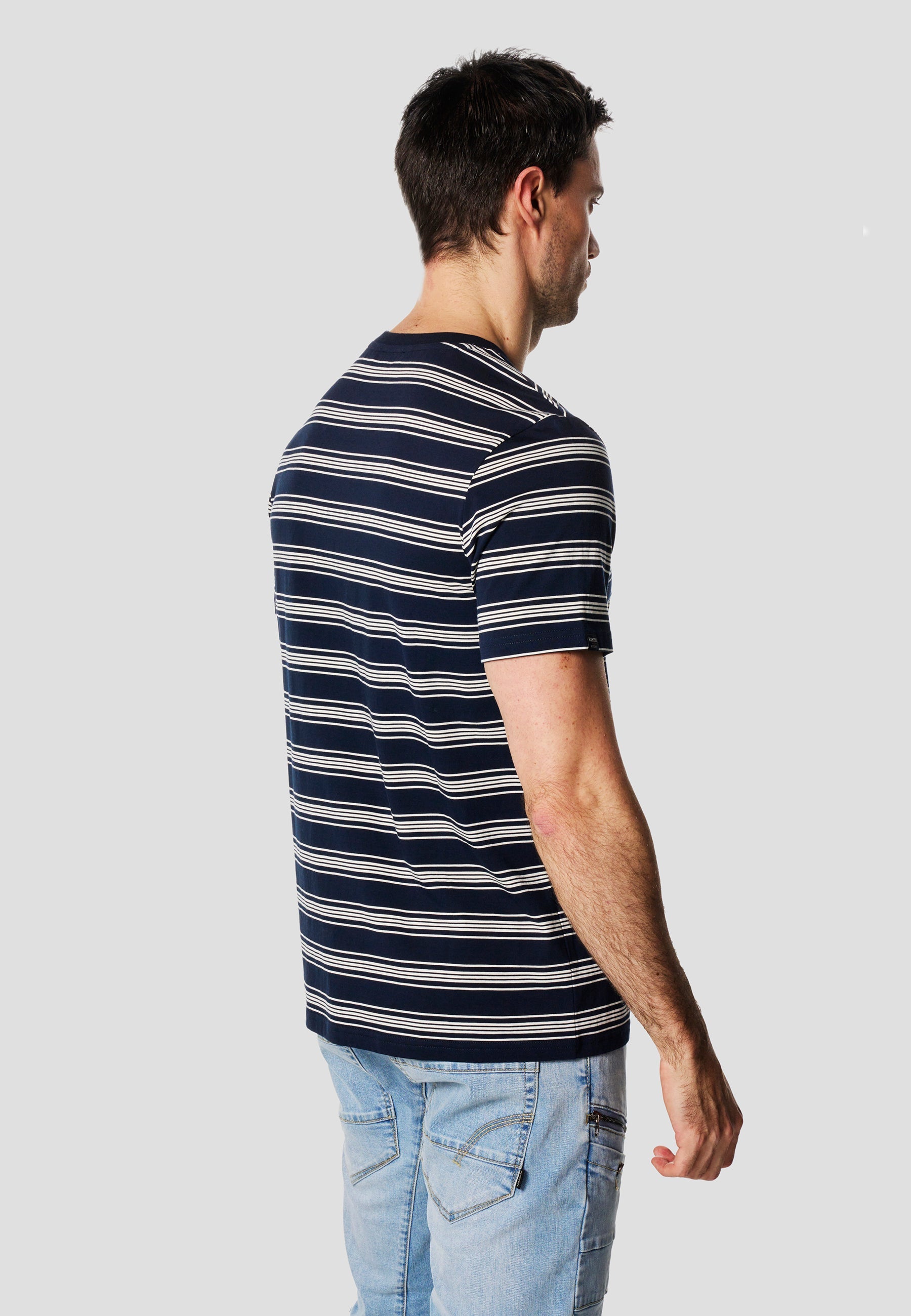 Camiseta Hombre Manga Corta Rayas Bordado Pecho Navy – Koroshi