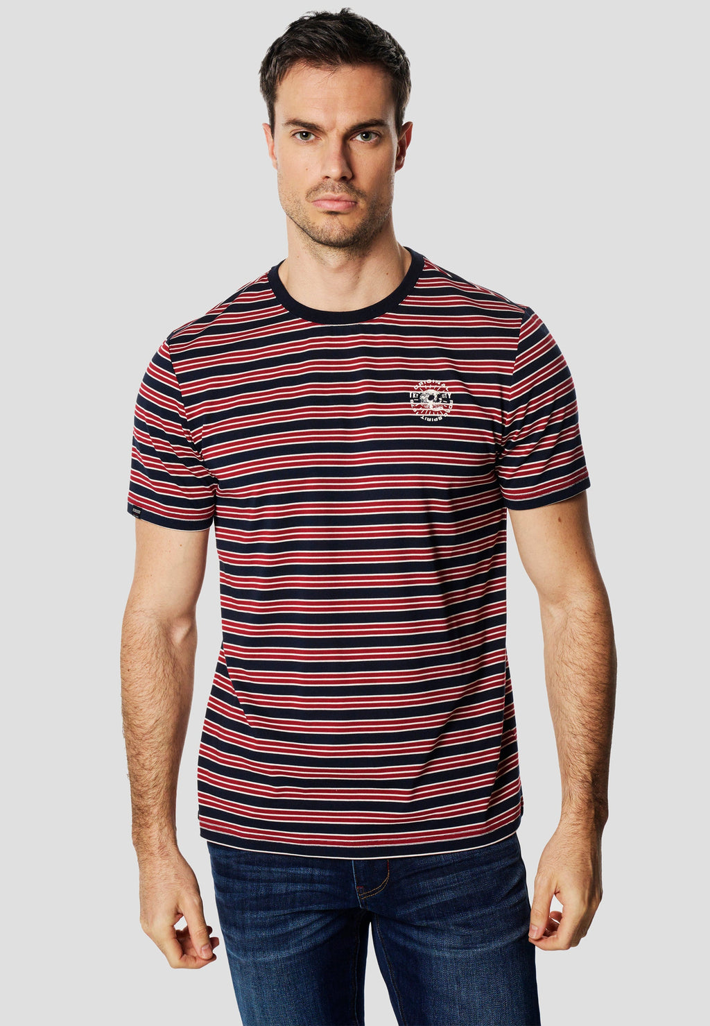 Camiseta Hombre Manga Corta Rayas Bordado Pecho Roja – Koroshi