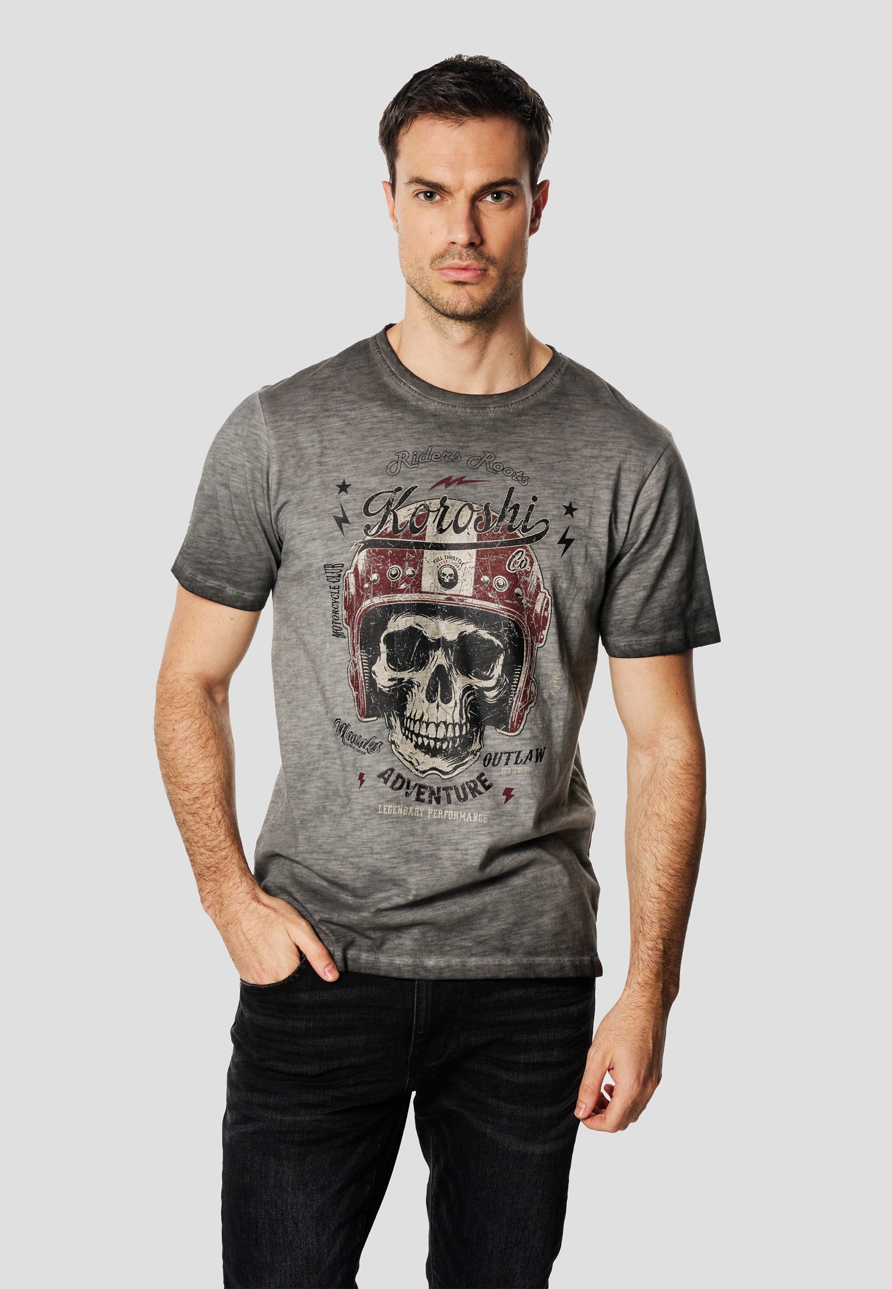 Camiseta Hombre Manga Corta Lavada Print Calavera Gris – Koroshi