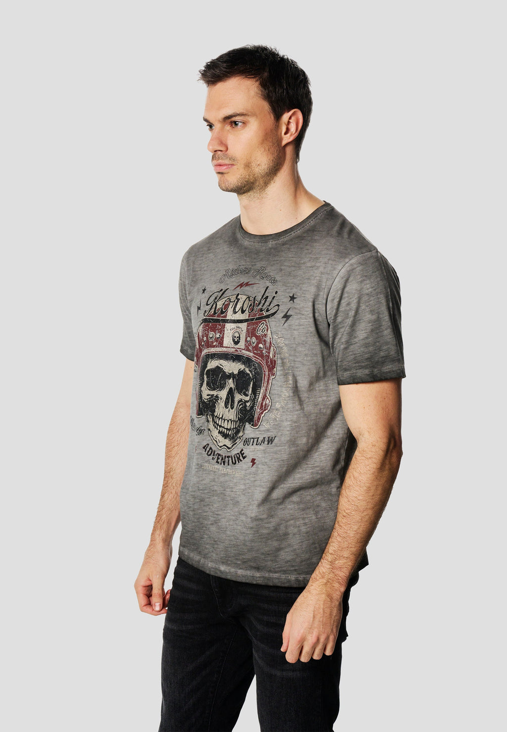 Camiseta Hombre Manga Corta Lavada Print Calavera Gris – Koroshi