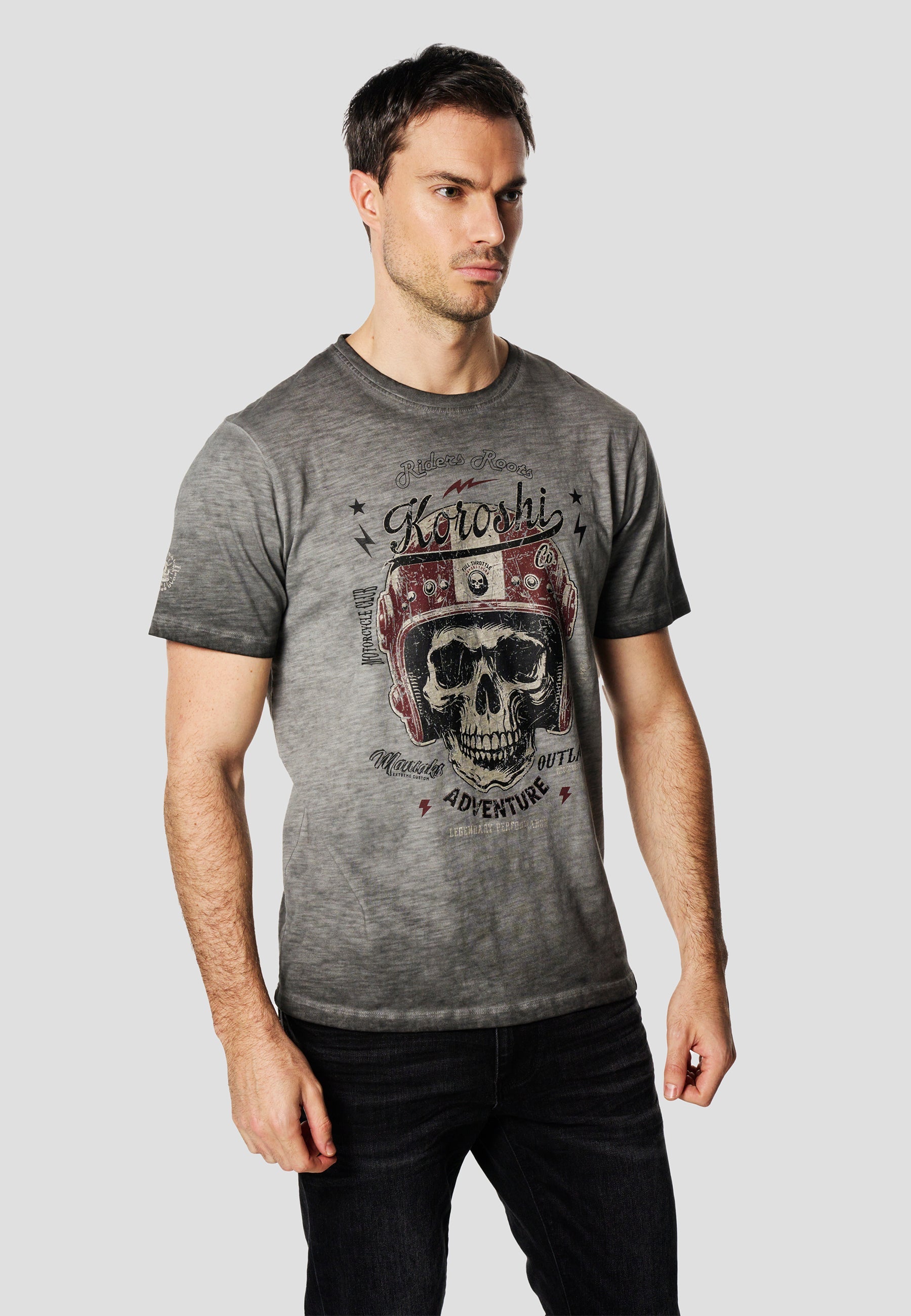 Camiseta Hombre Manga Corta Lavada Print Calavera Gris – Koroshi