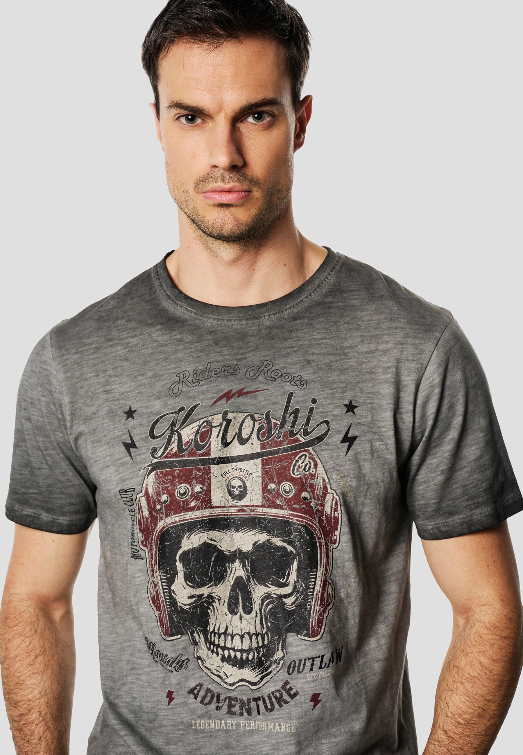 Camiseta Hombre Manga Corta Lavada Print Calavera Gris – Koroshi