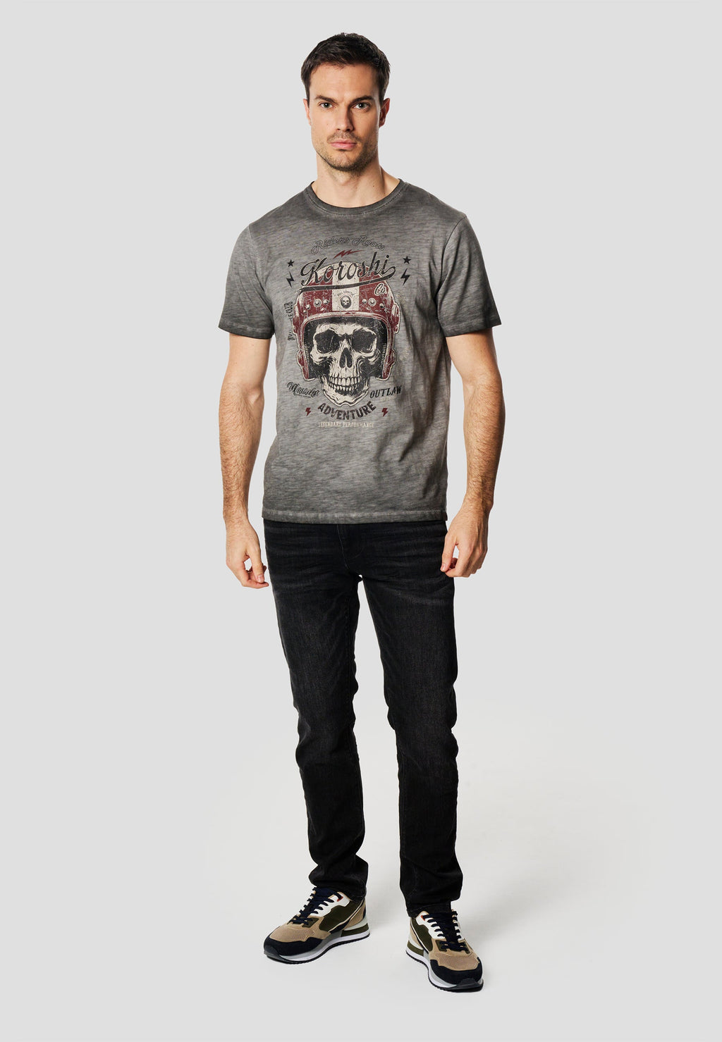 Camiseta Hombre Manga Corta Lavada Print Calavera Gris – Koroshi