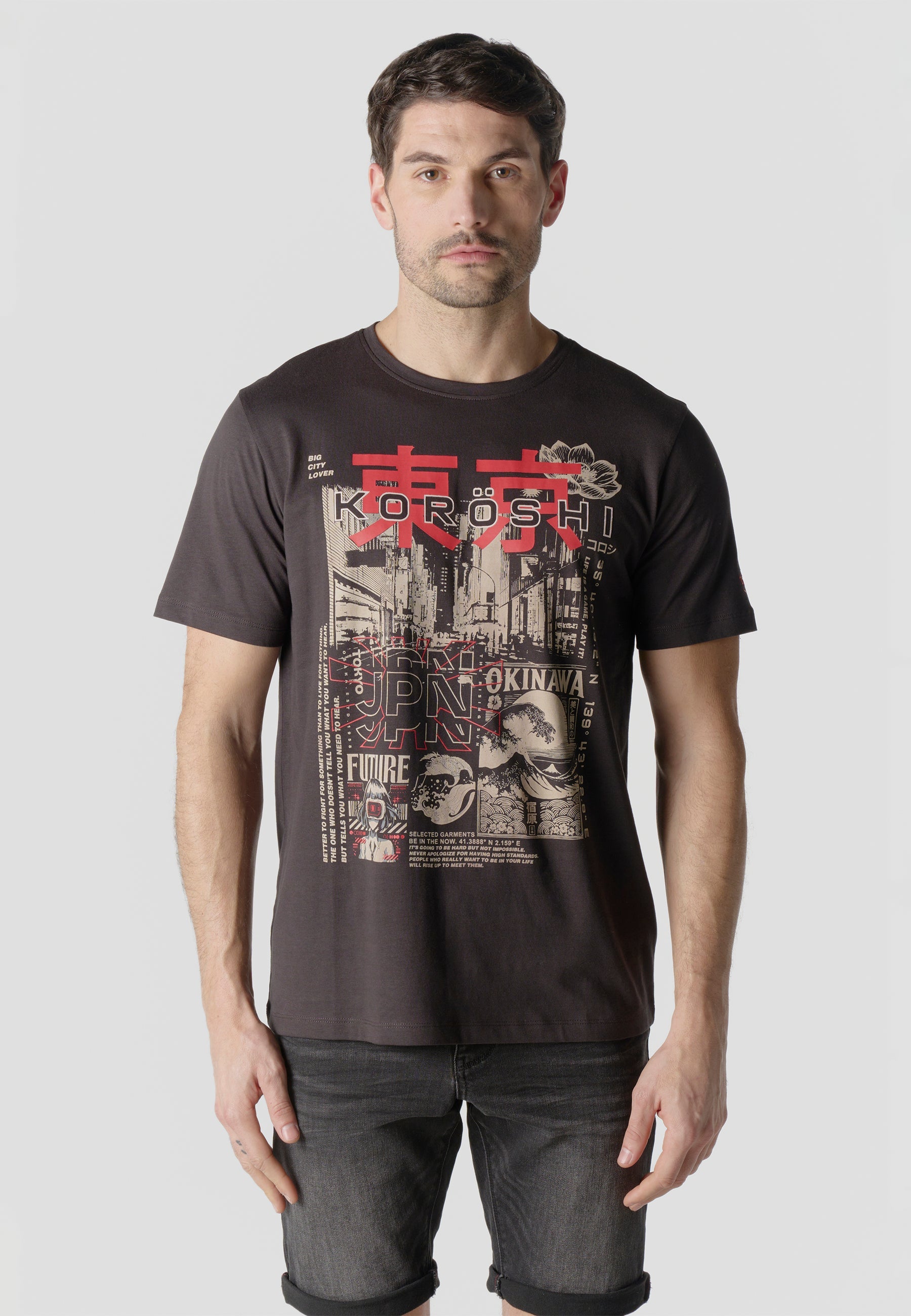 Camiseta Hombre Manga Corta Estampado Tokio Antracita – Koroshi