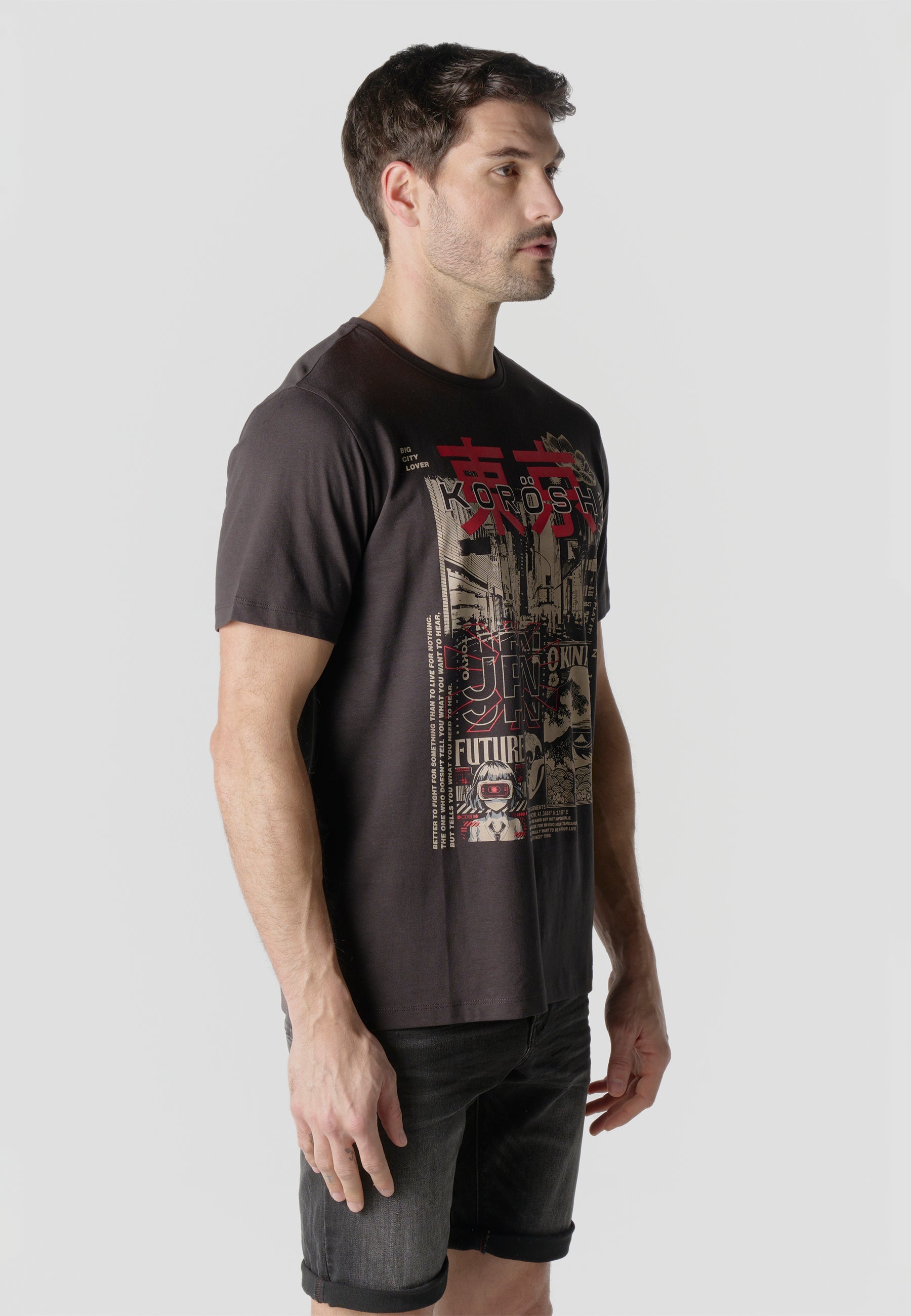 Camiseta Hombre Manga Corta Estampado Tokio Antracita – Koroshi