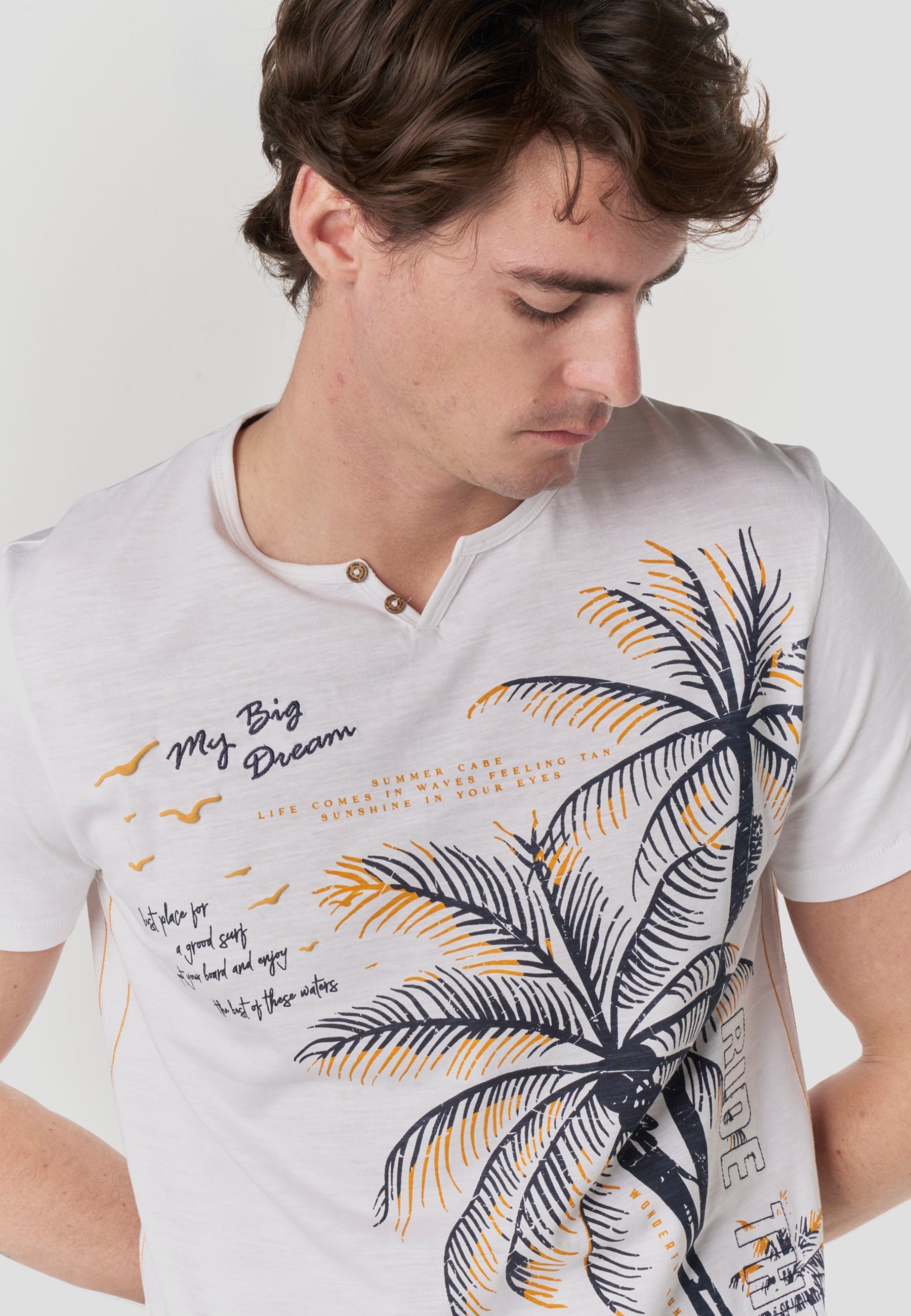 Camiseta Hombre Manga Corta Henley Estampado Tropical Cruda – Koroshi