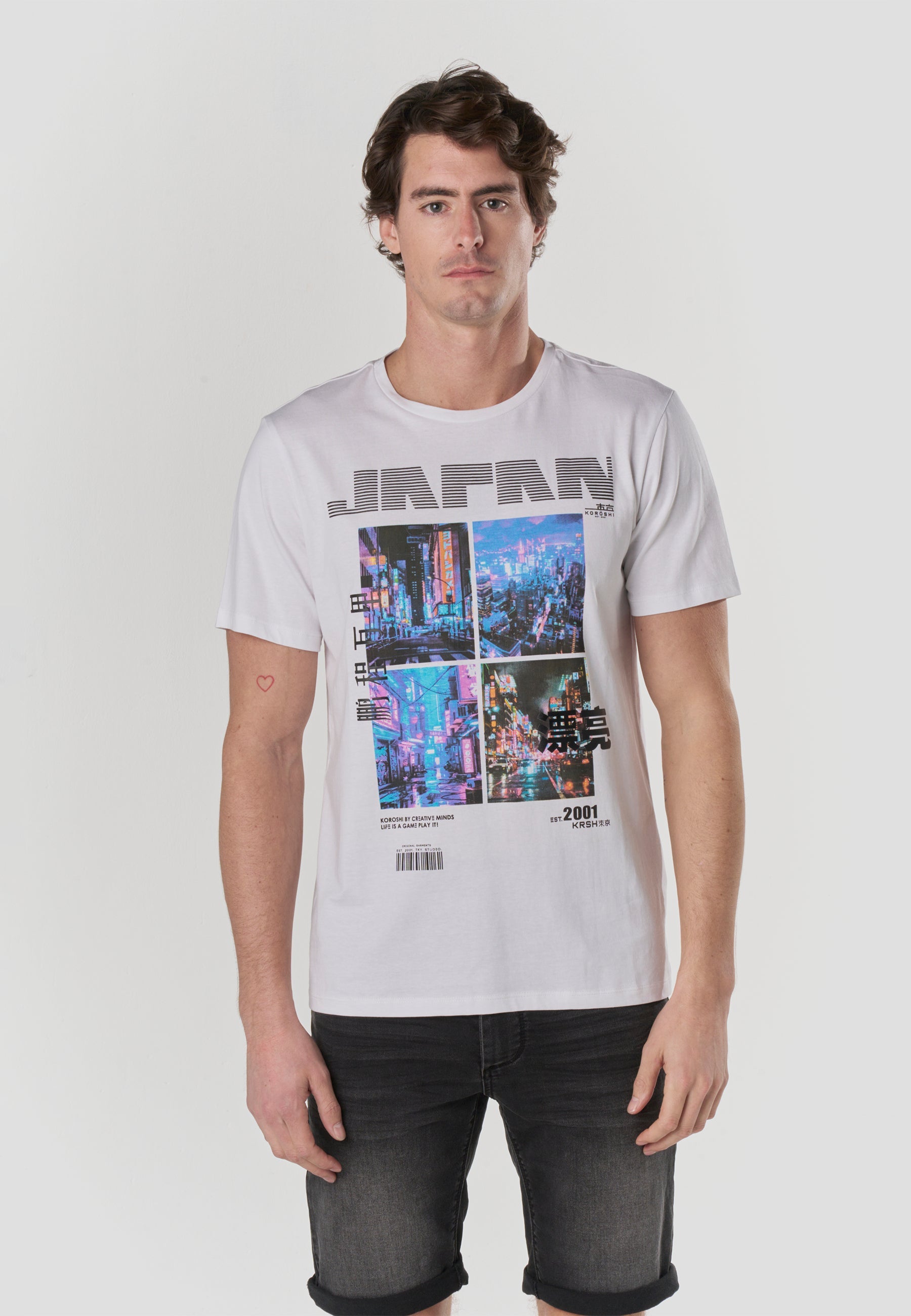 Camiseta Hombre Manga Corta Estampado Japan Neon Blanca – Koroshi