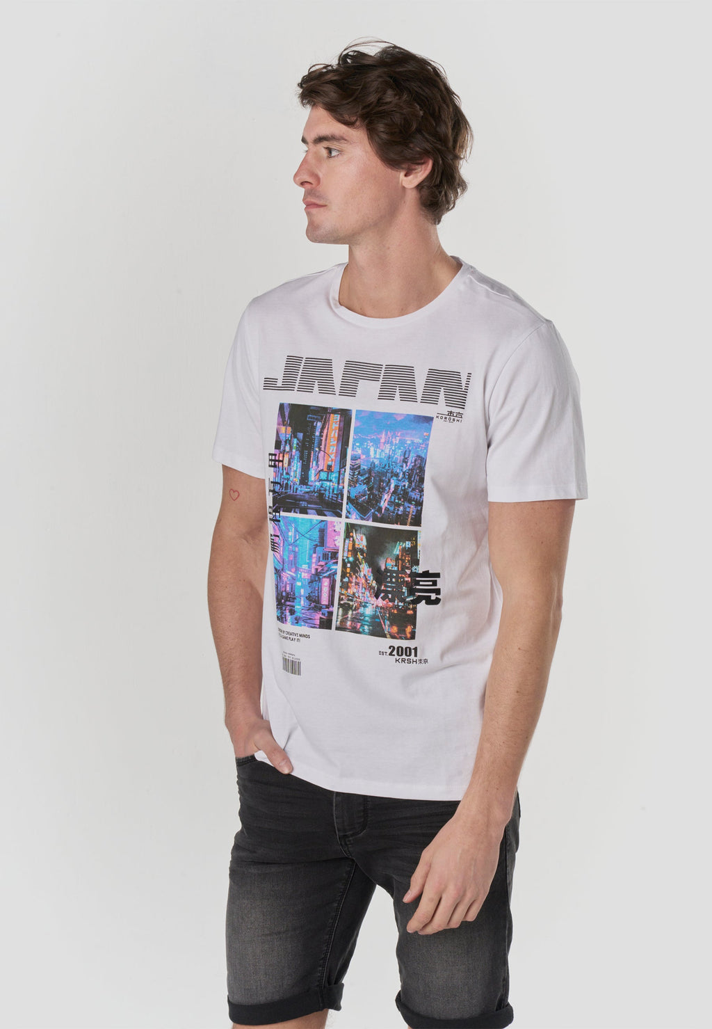 Camiseta Hombre Manga Corta Estampado Japan Neon Blanca – Koroshi