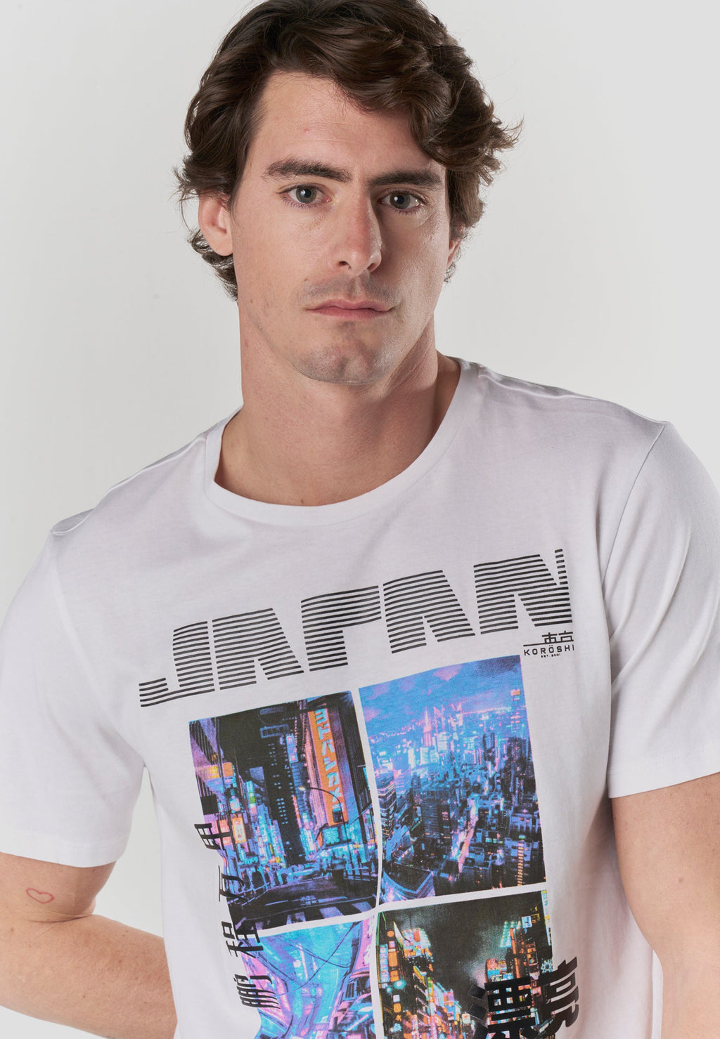 Camiseta Hombre Manga Corta Estampado Japan Neon Blanca – Koroshi
