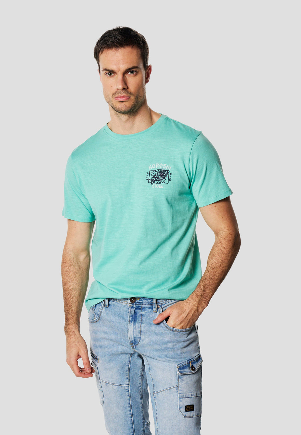 Camiseta Hombre Manga Corta Algodón Flameado Print Pecho Menta – Koroshi
