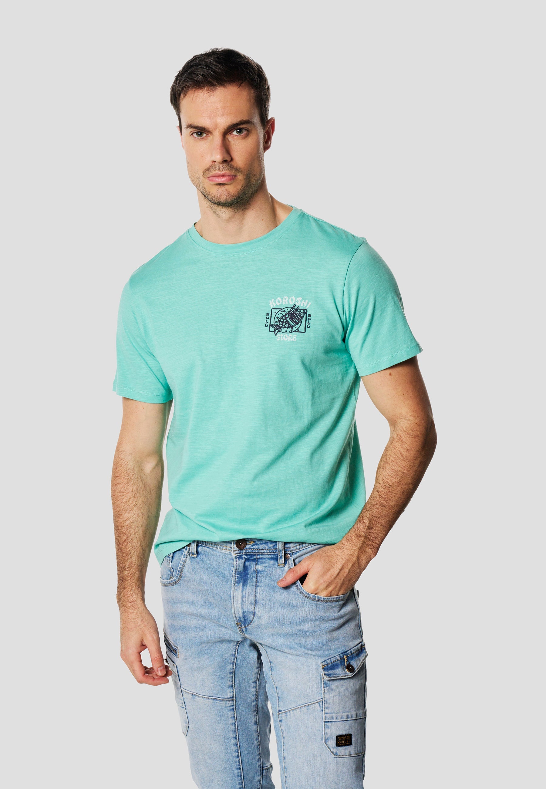 Camiseta Hombre Manga Corta Algodón Flameado Print Pecho Menta – Koroshi