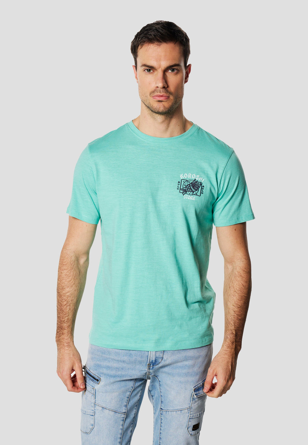 Camiseta Hombre Manga Corta Algodón Flameado Print Pecho Menta – Koroshi
