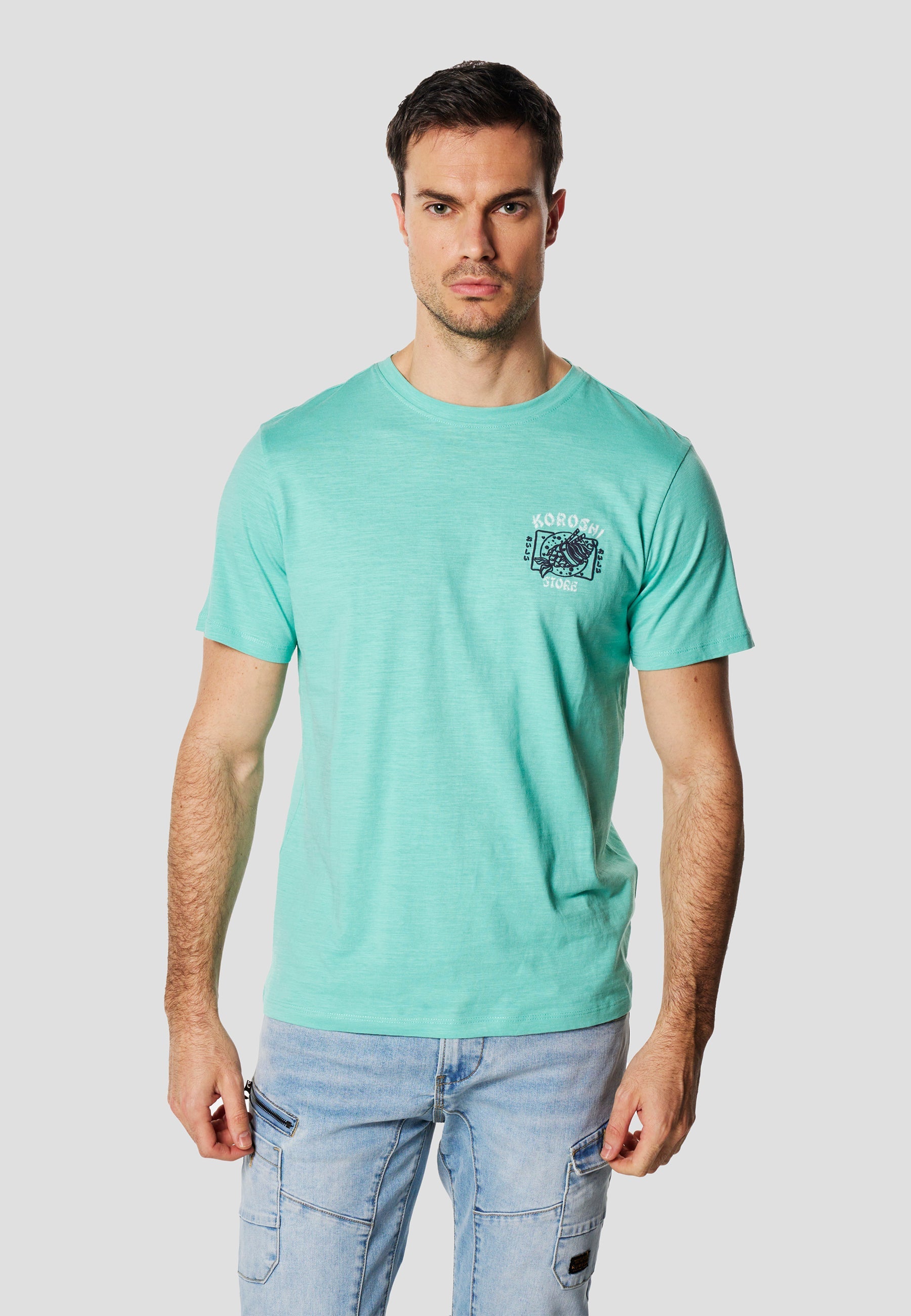 Camiseta Hombre Manga Corta Algodón Flameado Print Pecho Menta – Koroshi