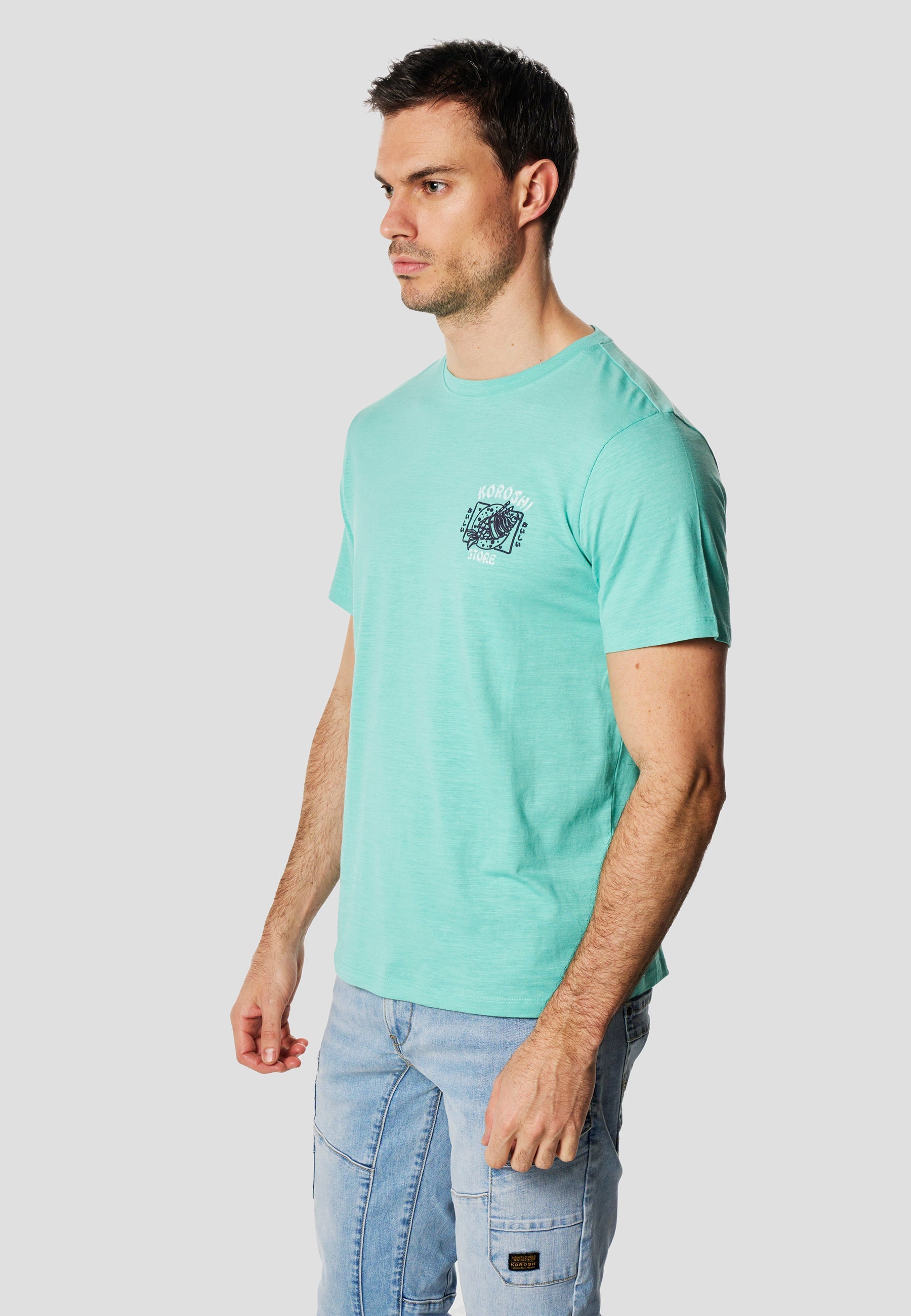 Camiseta Hombre Manga Corta Algodón Flameado Print Pecho Menta – Koroshi