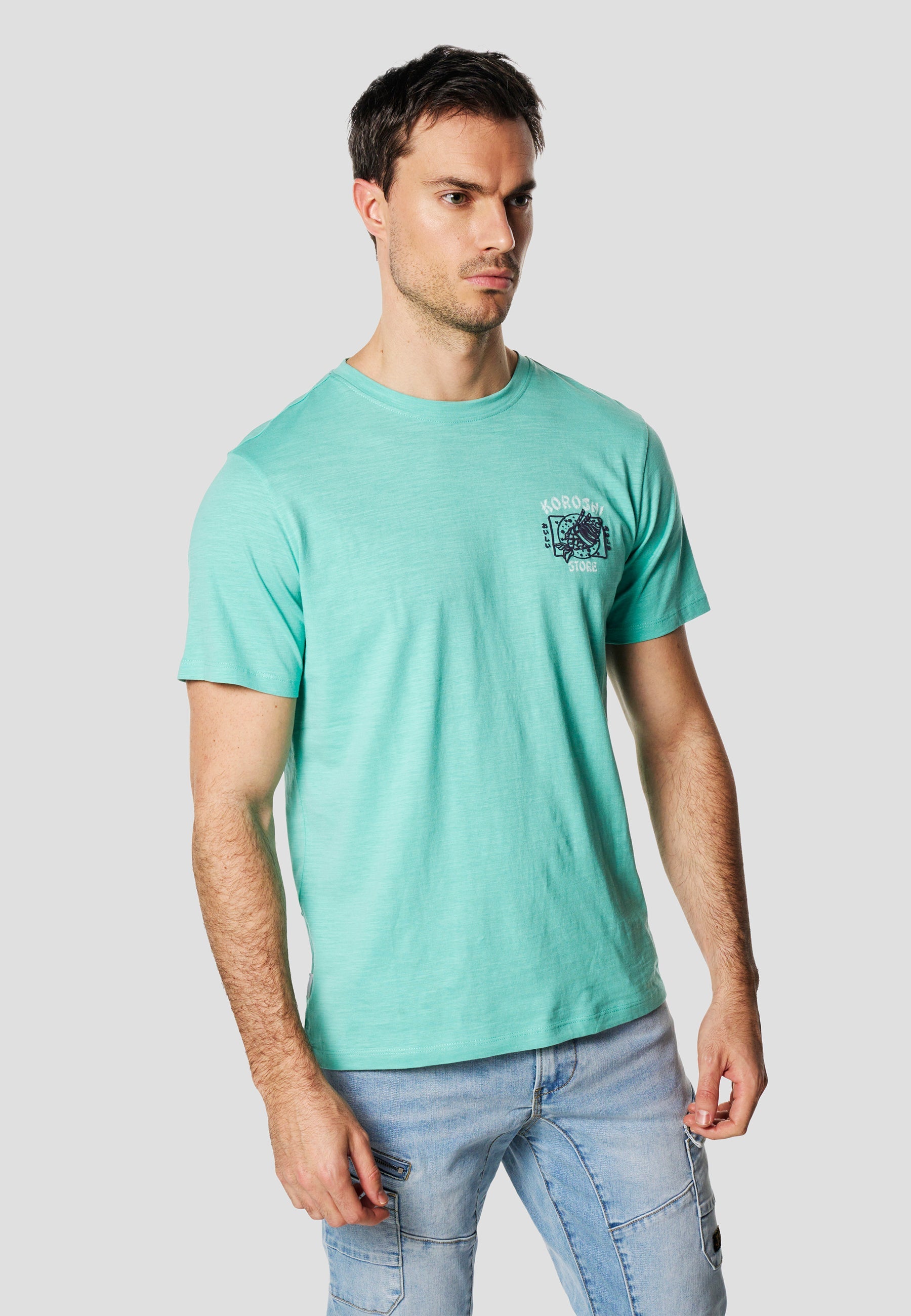 Camiseta Hombre Manga Corta Algodón Flameado Print Pecho Menta – Koroshi