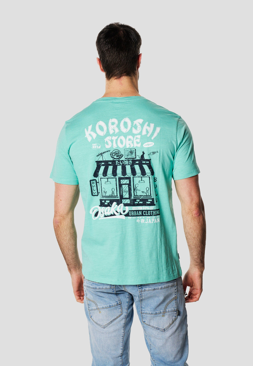 Camiseta Hombre Manga Corta Algodón Flameado Print Pecho Menta – Koroshi