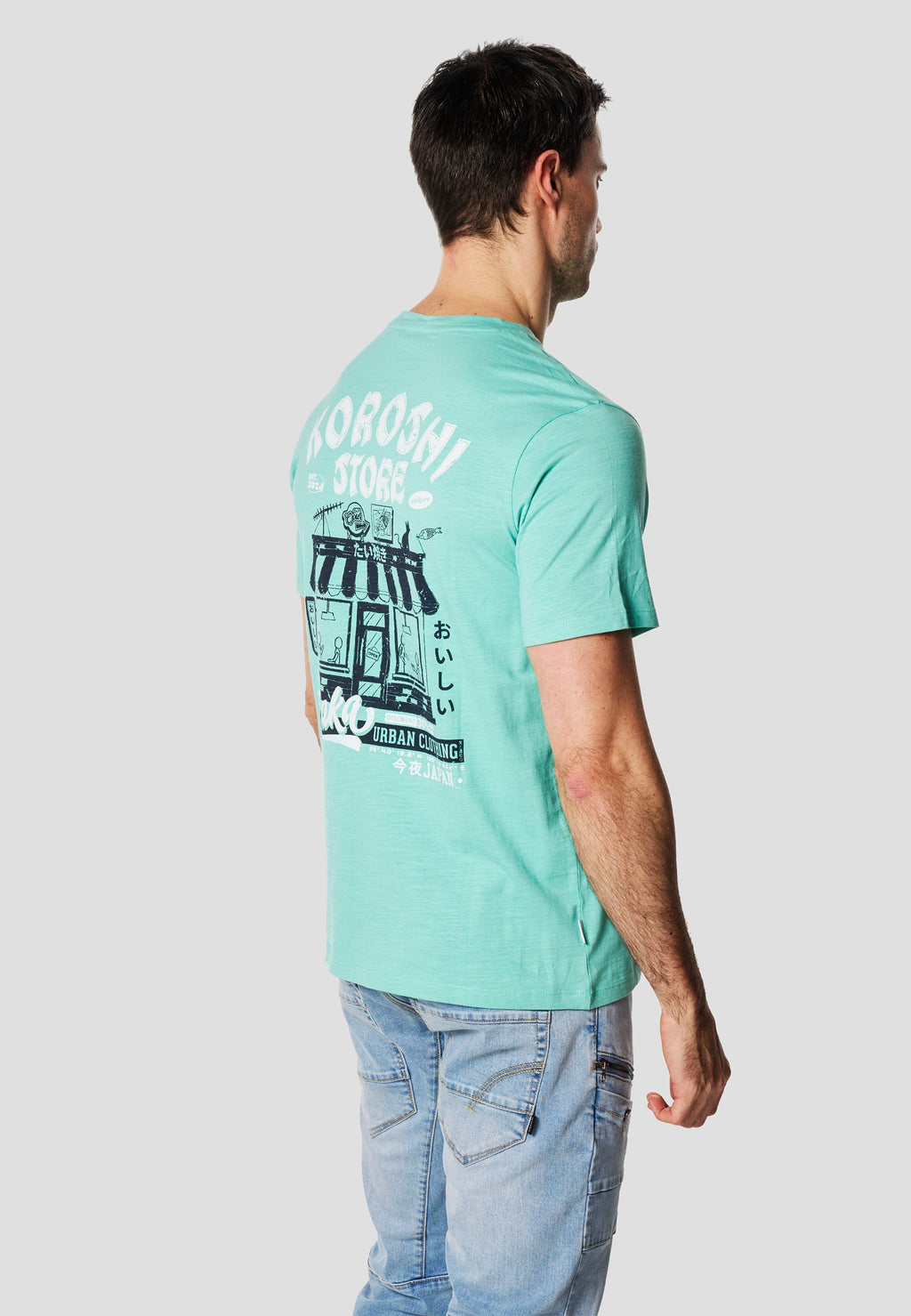 Camiseta Hombre Manga Corta Algodón Flameado Print Pecho Menta – Koroshi