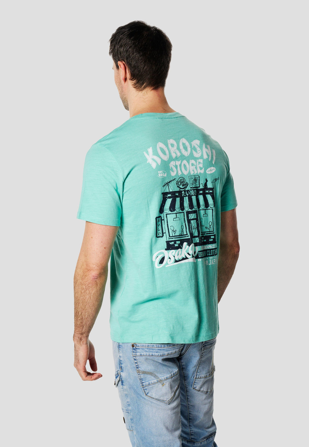 Camiseta Hombre Manga Corta Algodón Flameado Print Pecho Menta – Koroshi