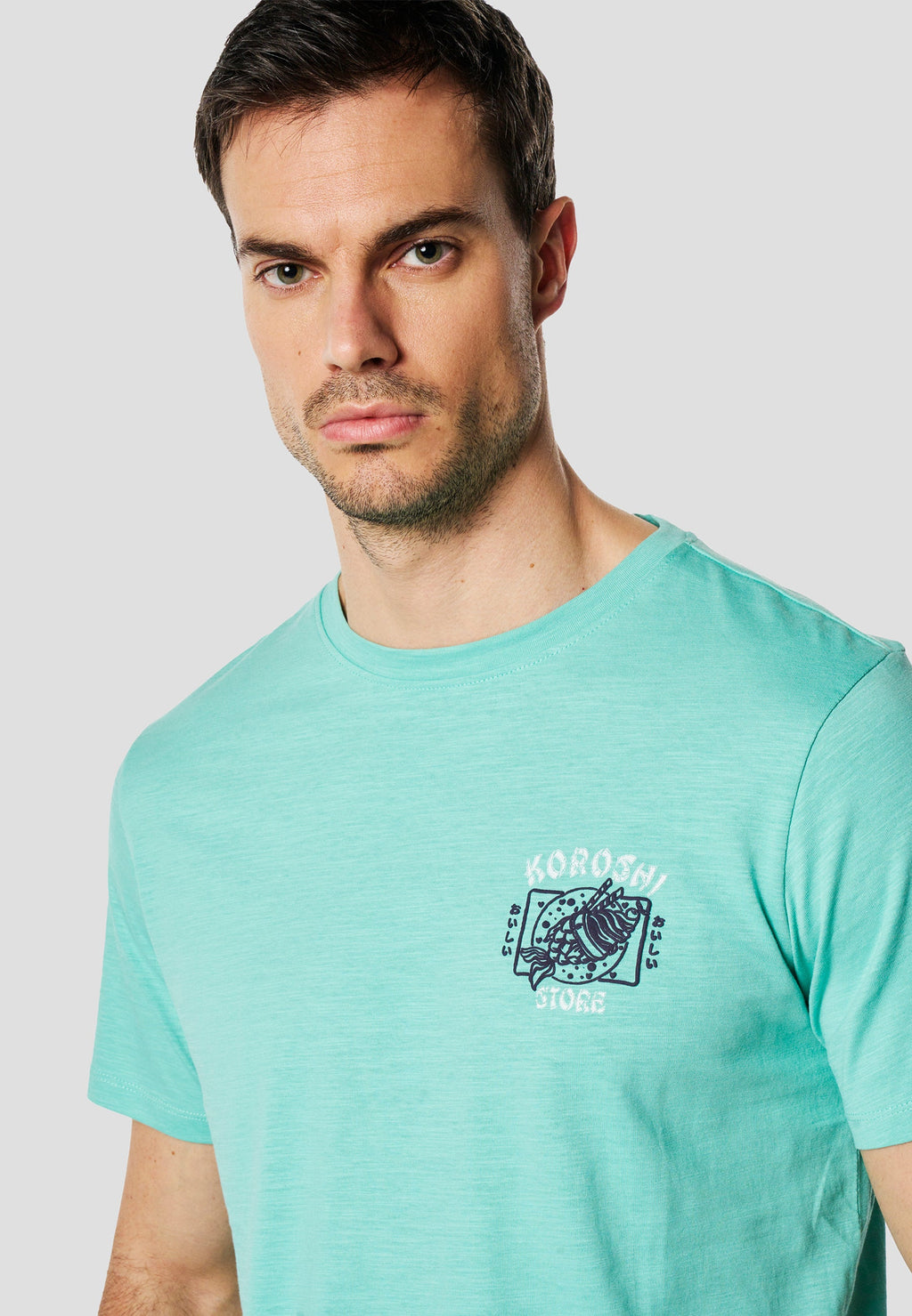 Camiseta Hombre Manga Corta Algodón Flameado Print Pecho Menta – Koroshi