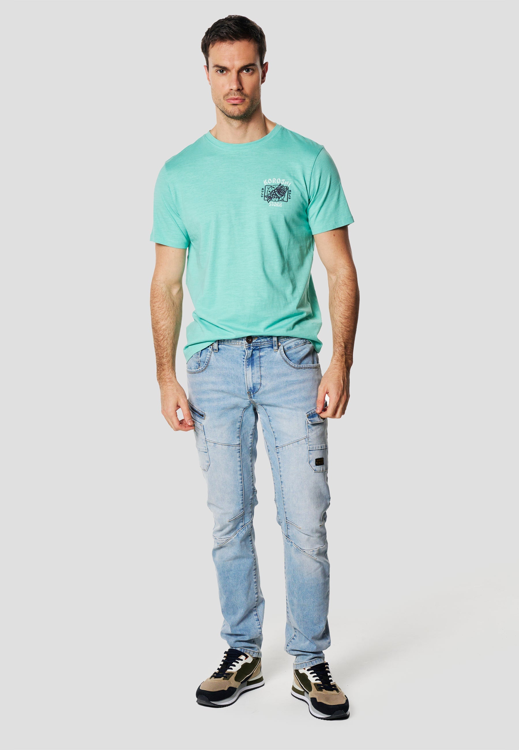 Camiseta Hombre Manga Corta Algodón Flameado Print Pecho Menta – Koroshi