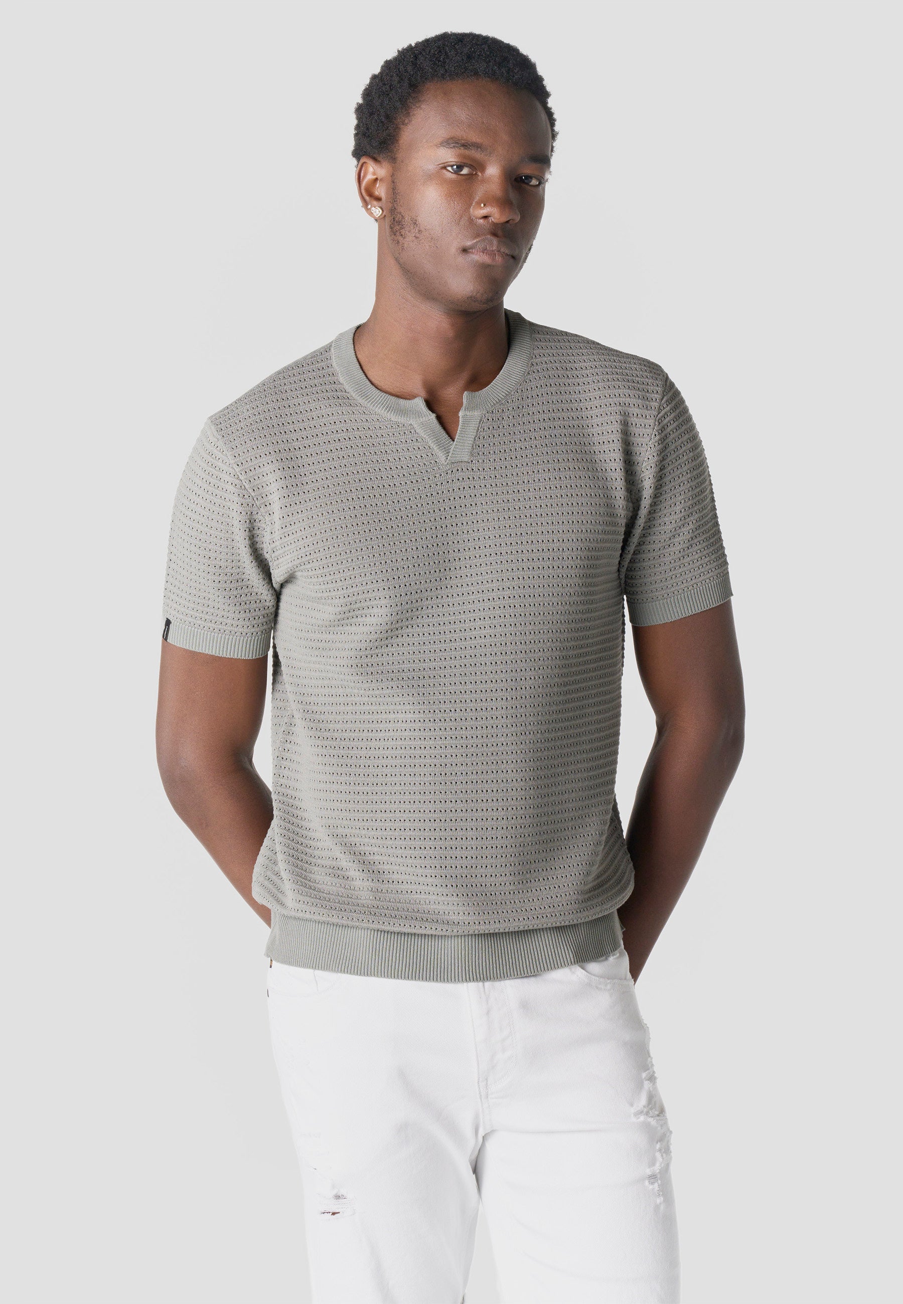 Camiseta Hombre Manga Corta Henley Tricot Kaki – Koroshi