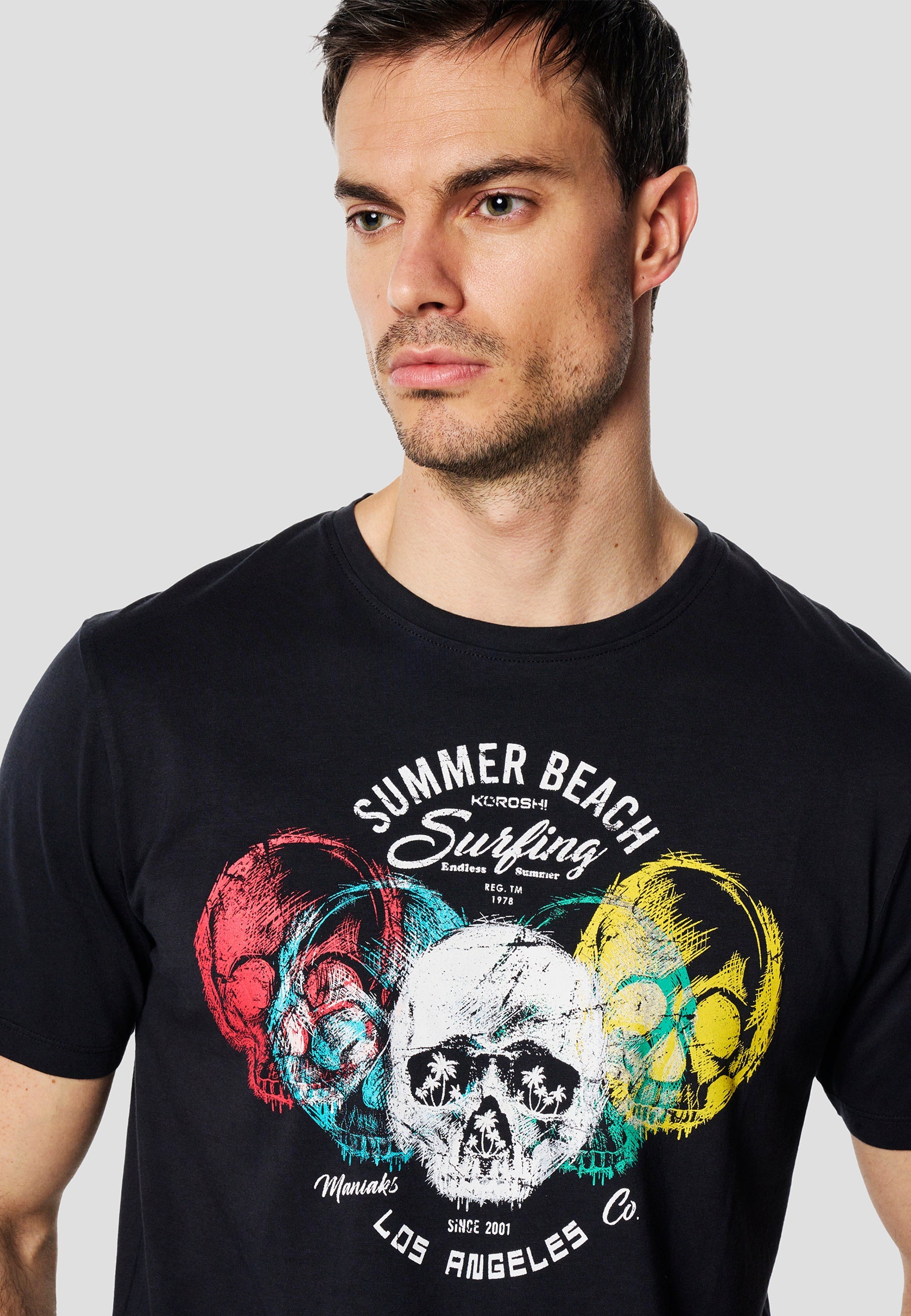 Camiseta Hombre Manga Corta Estampado Surf Calaveras Índigo – Koroshi