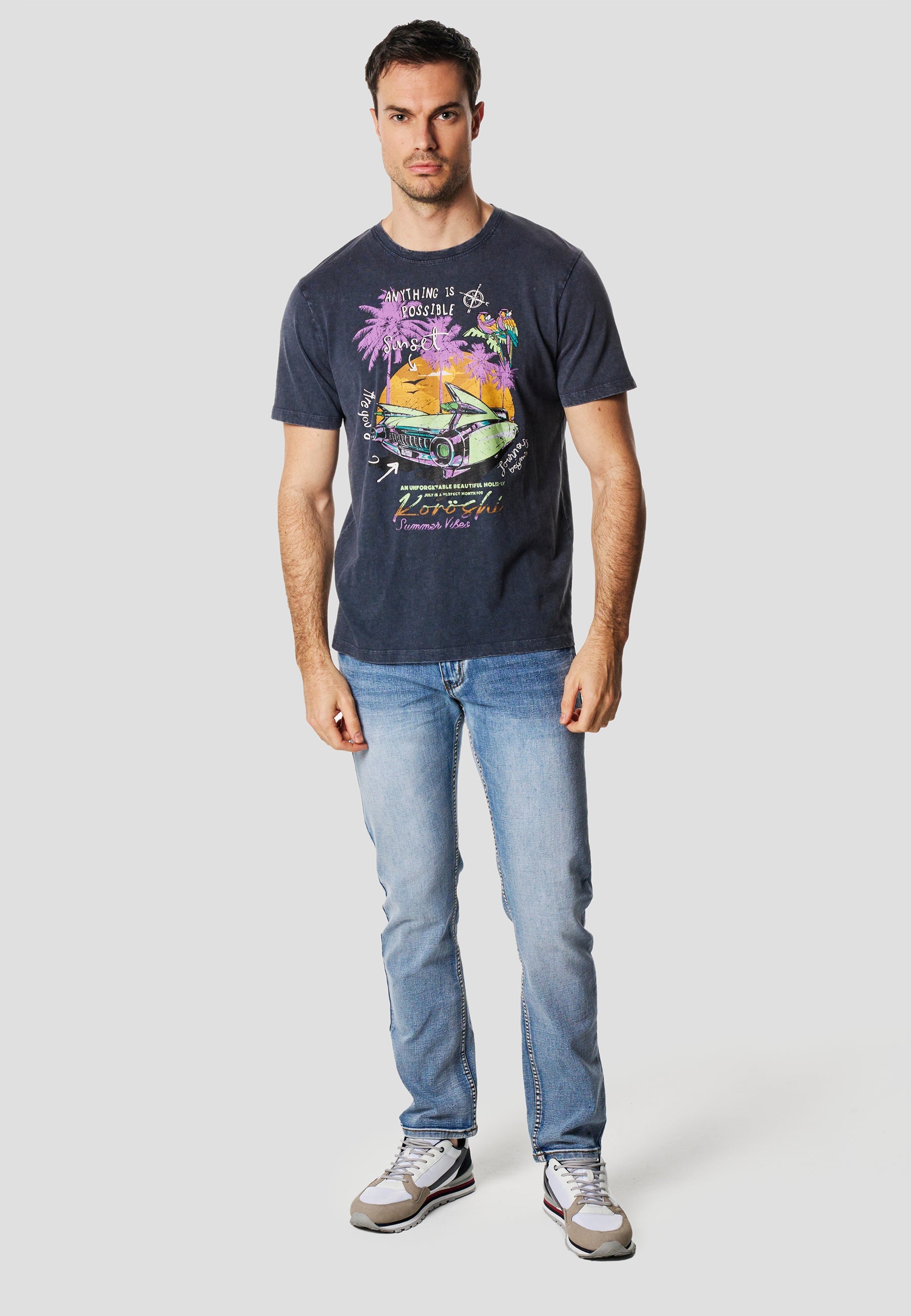 Camiseta Hombre Manga Corta Lavada Estampado Sunset Índigo – Koroshi