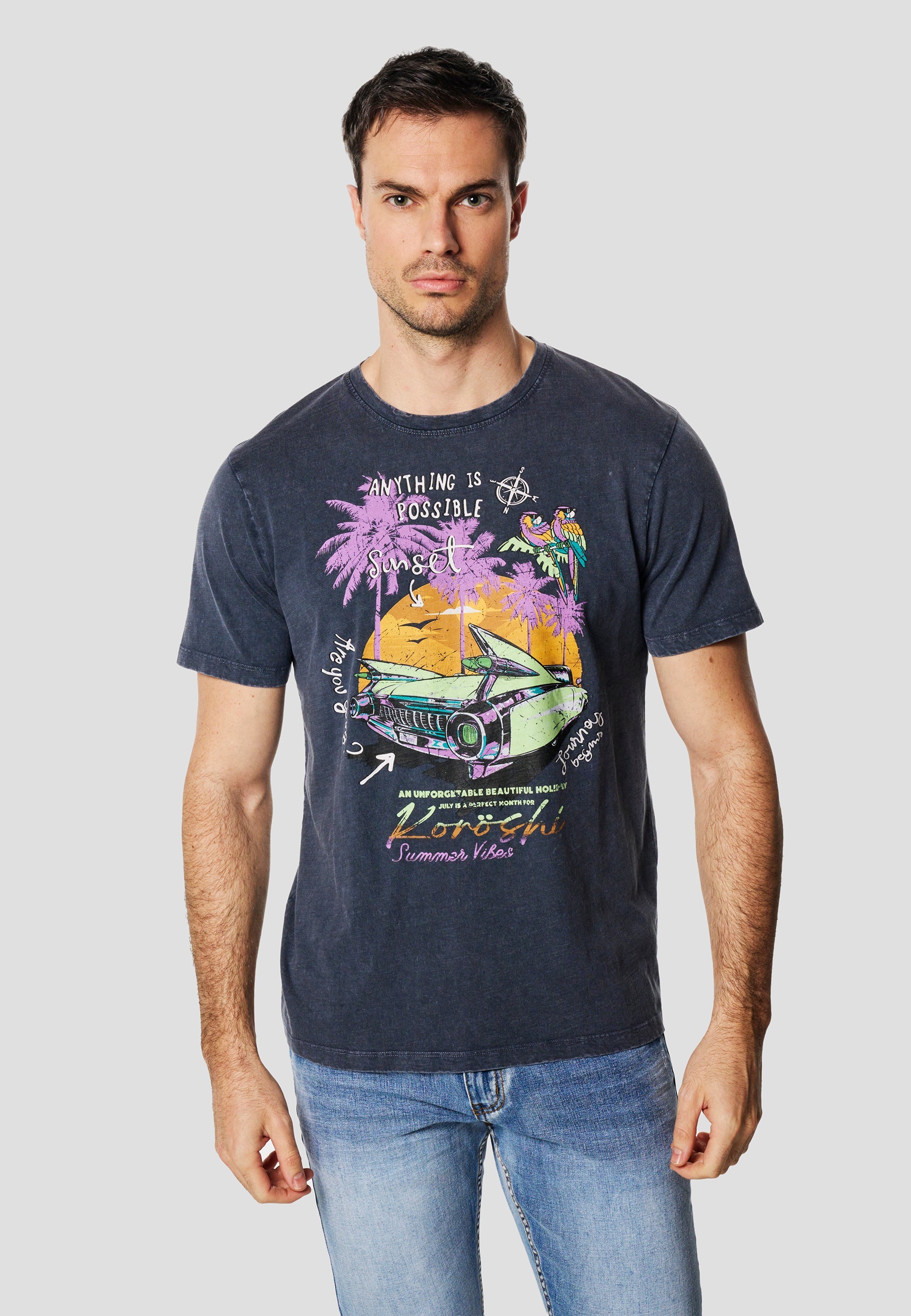 Camiseta Hombre Manga Corta Lavada Estampado Sunset Índigo – Koroshi