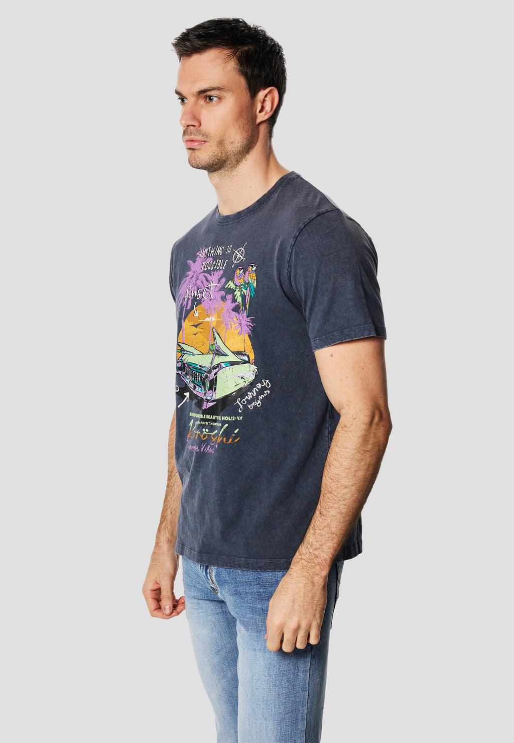 Camiseta Hombre Manga Corta Lavada Estampado Sunset Índigo – Koroshi