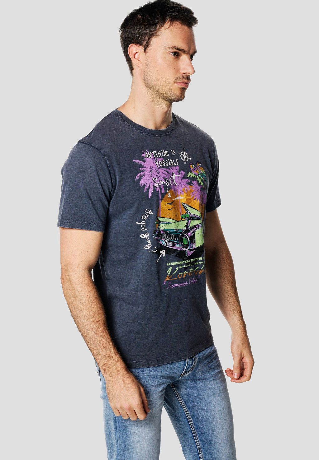 Camiseta Hombre Manga Corta Lavada Estampado Sunset Índigo – Koroshi