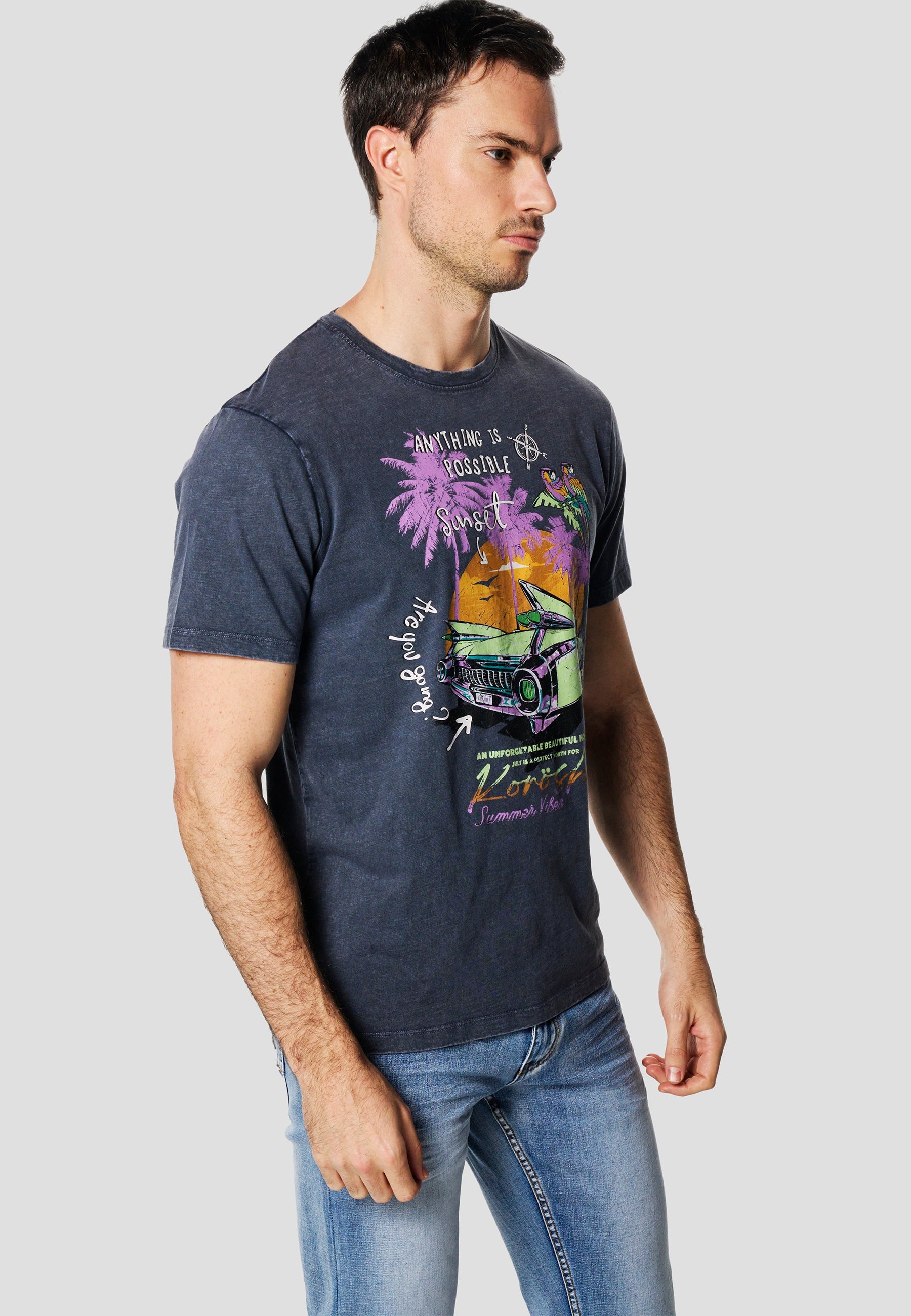 Camiseta Hombre Manga Corta Lavada Estampado Sunset Índigo – Koroshi
