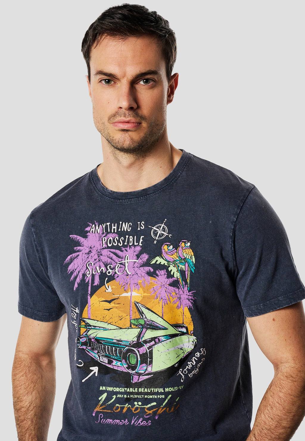 Camiseta Hombre Manga Corta Lavada Estampado Sunset Índigo – Koroshi
