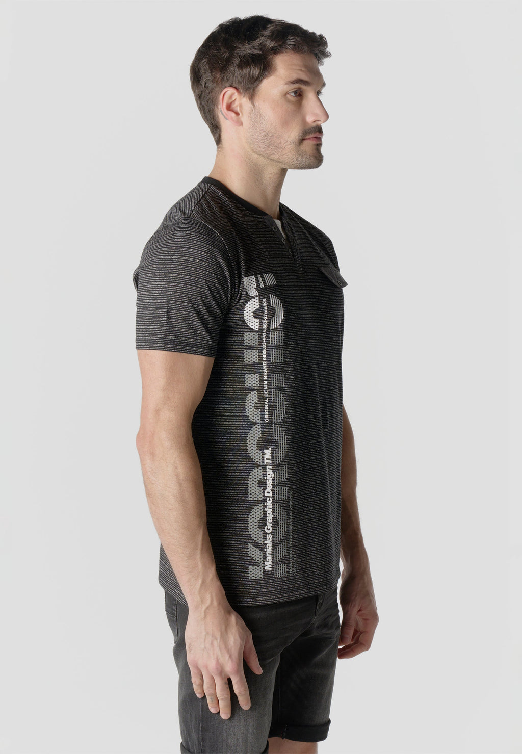 Camiseta Hombre Manga Corta Henley Jaspeada Print Koroshi Negra – Koroshi