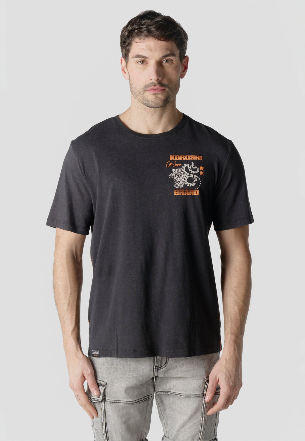 Camiseta Hombre Manga Corta Efecto Lavado Estampado Tigre Negra – Koroshi