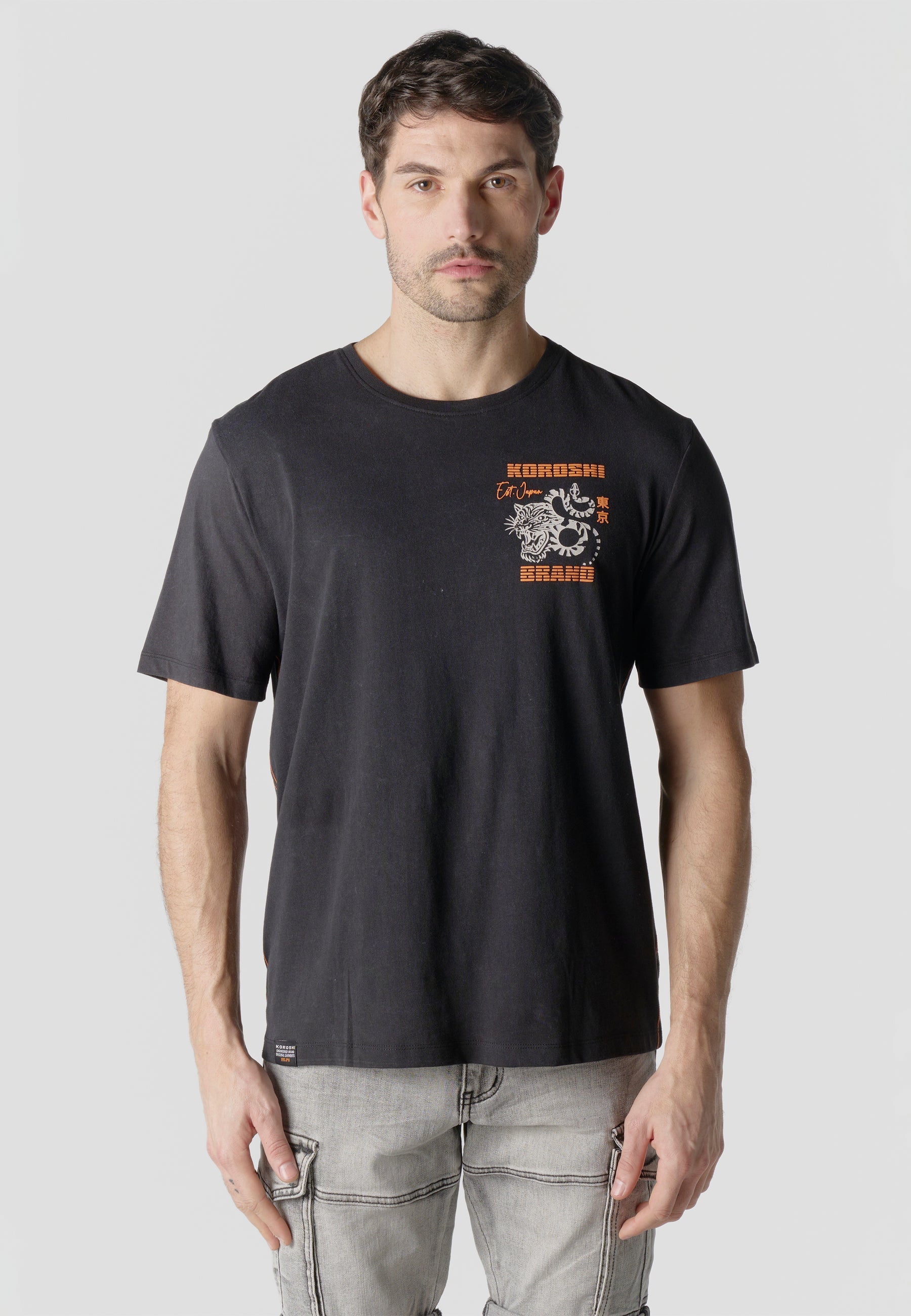 Camiseta Hombre Manga Corta Efecto Lavado Estampado Tigre Negra – Koroshi