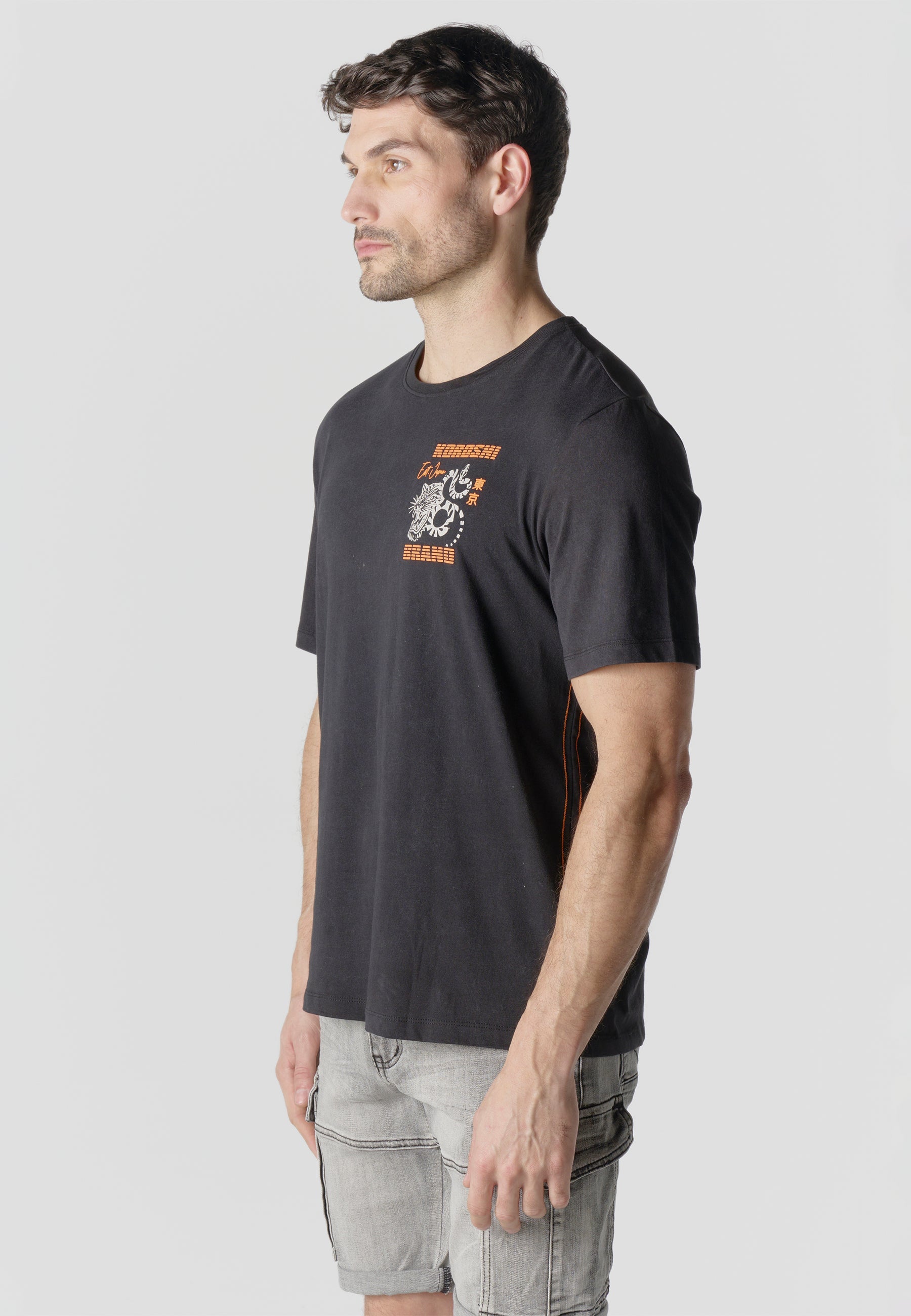 Camiseta Hombre Manga Corta Efecto Lavado Estampado Tigre Negra – Koroshi