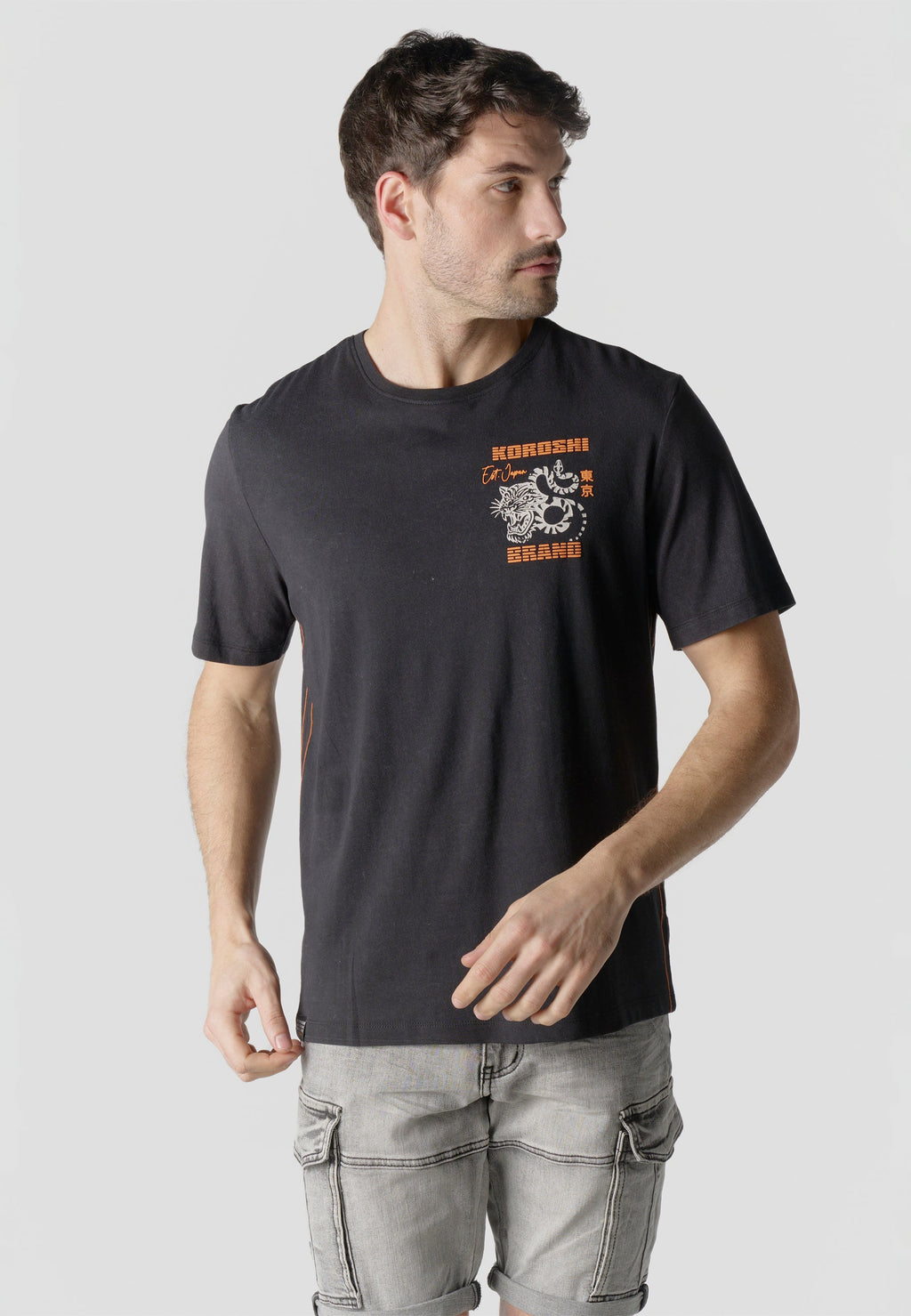 Camiseta Hombre Manga Corta Efecto Lavado Estampado Tigre Negra – Koroshi