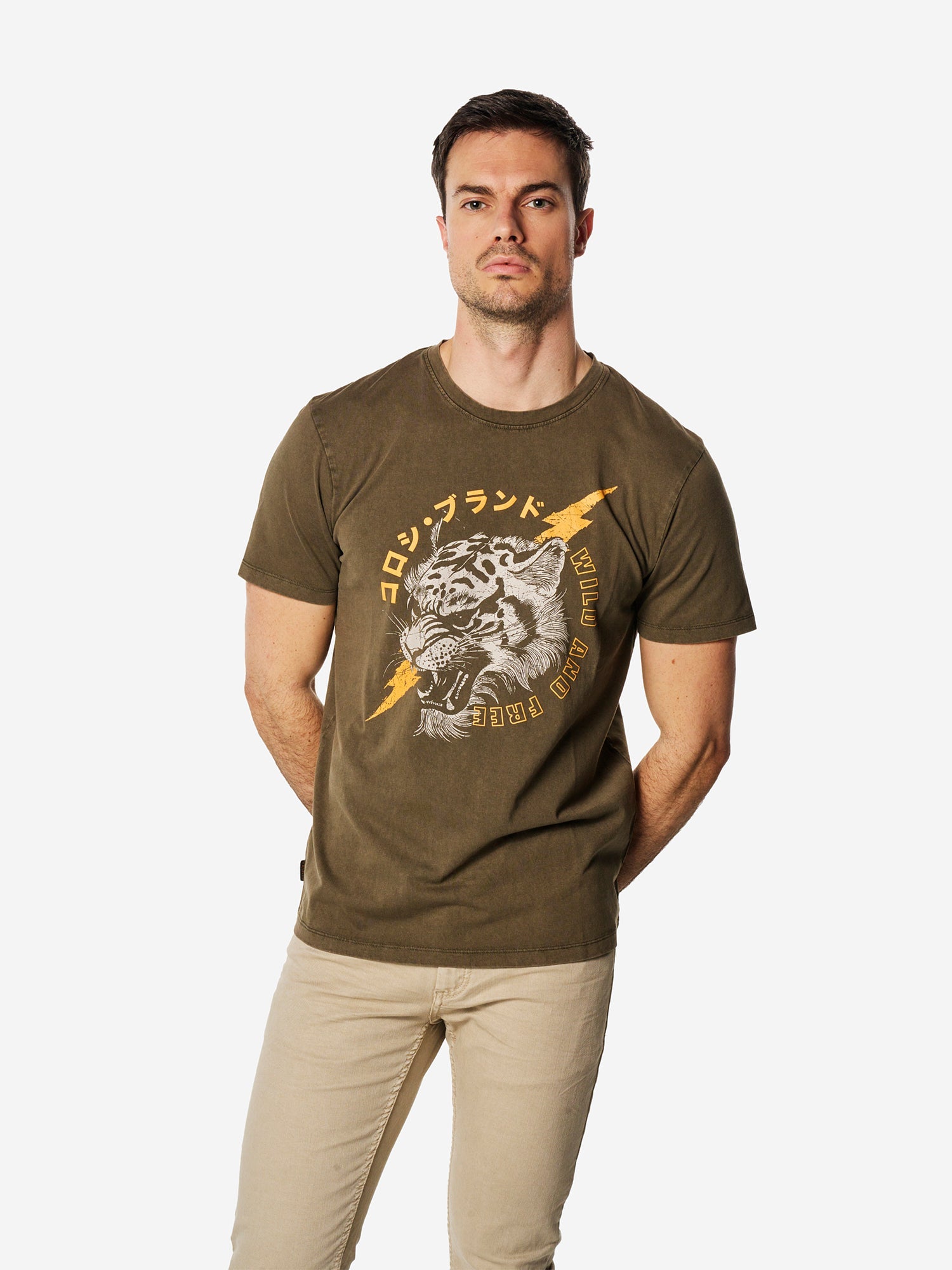 Camiseta Hombre Manga Corta Lavada Estampado Tigre Marrón – Koroshi