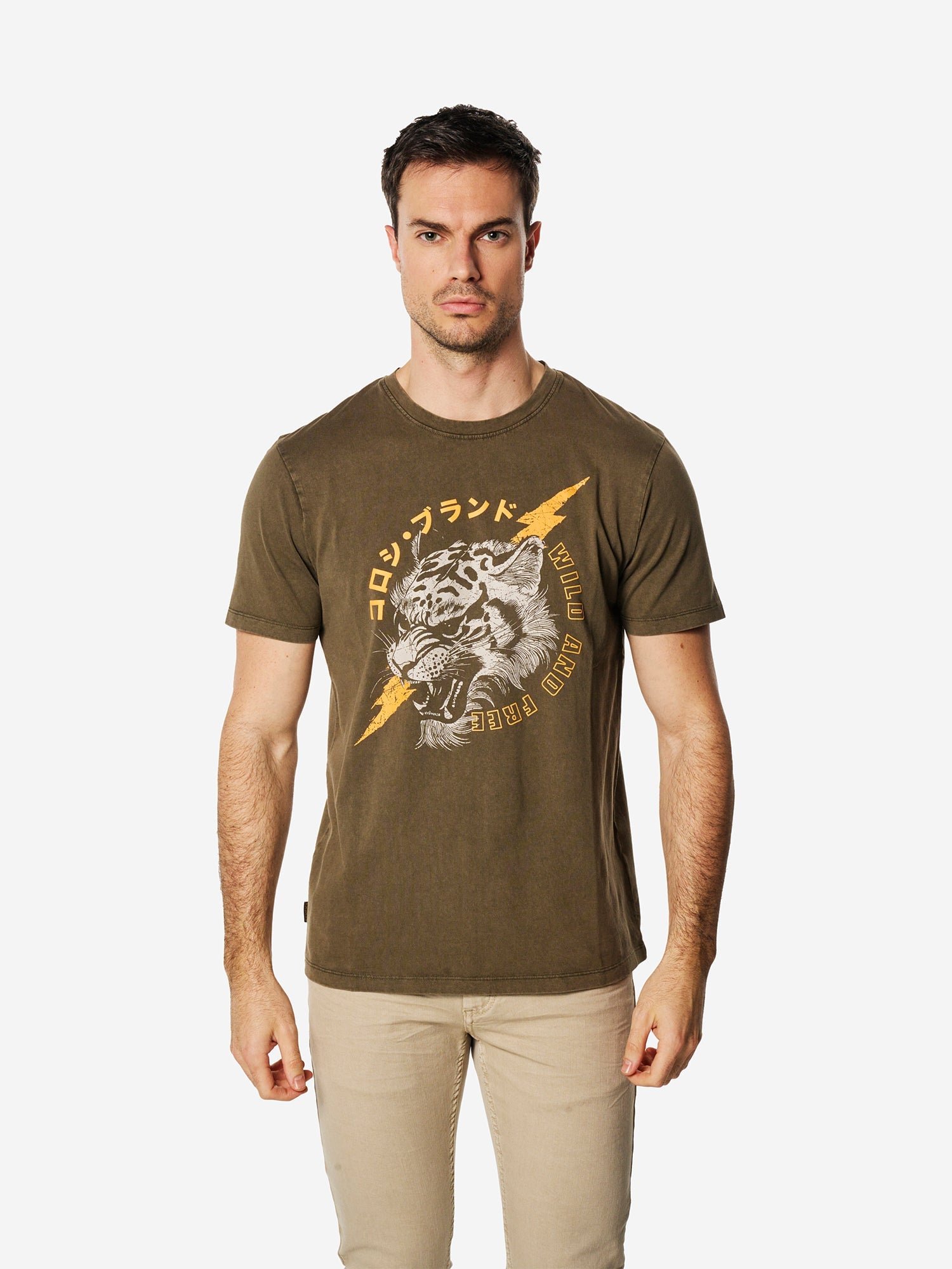 Camiseta Hombre Manga Corta Lavada Estampado Tigre Marrón – Koroshi