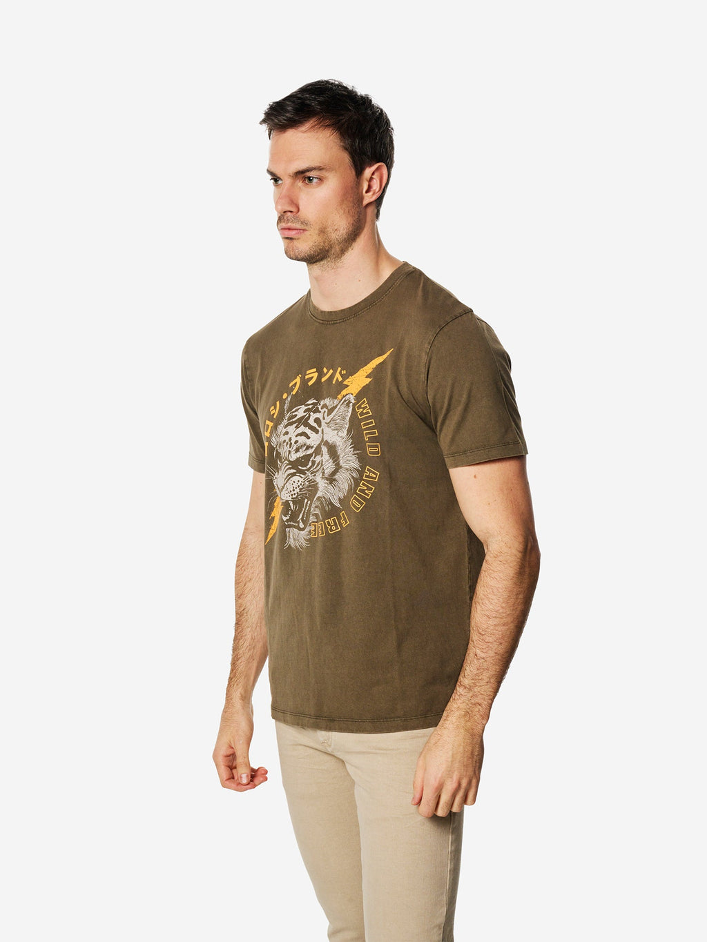 Camiseta Hombre Manga Corta Lavada Estampado Tigre Marrón – Koroshi