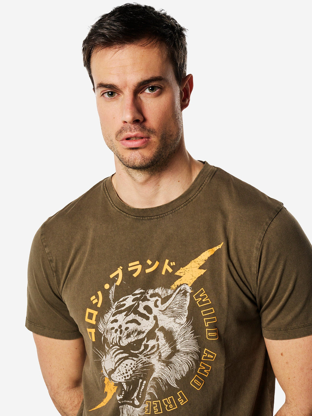 Camiseta Hombre Manga Corta Lavada Estampado Tigre Marrón – Koroshi
