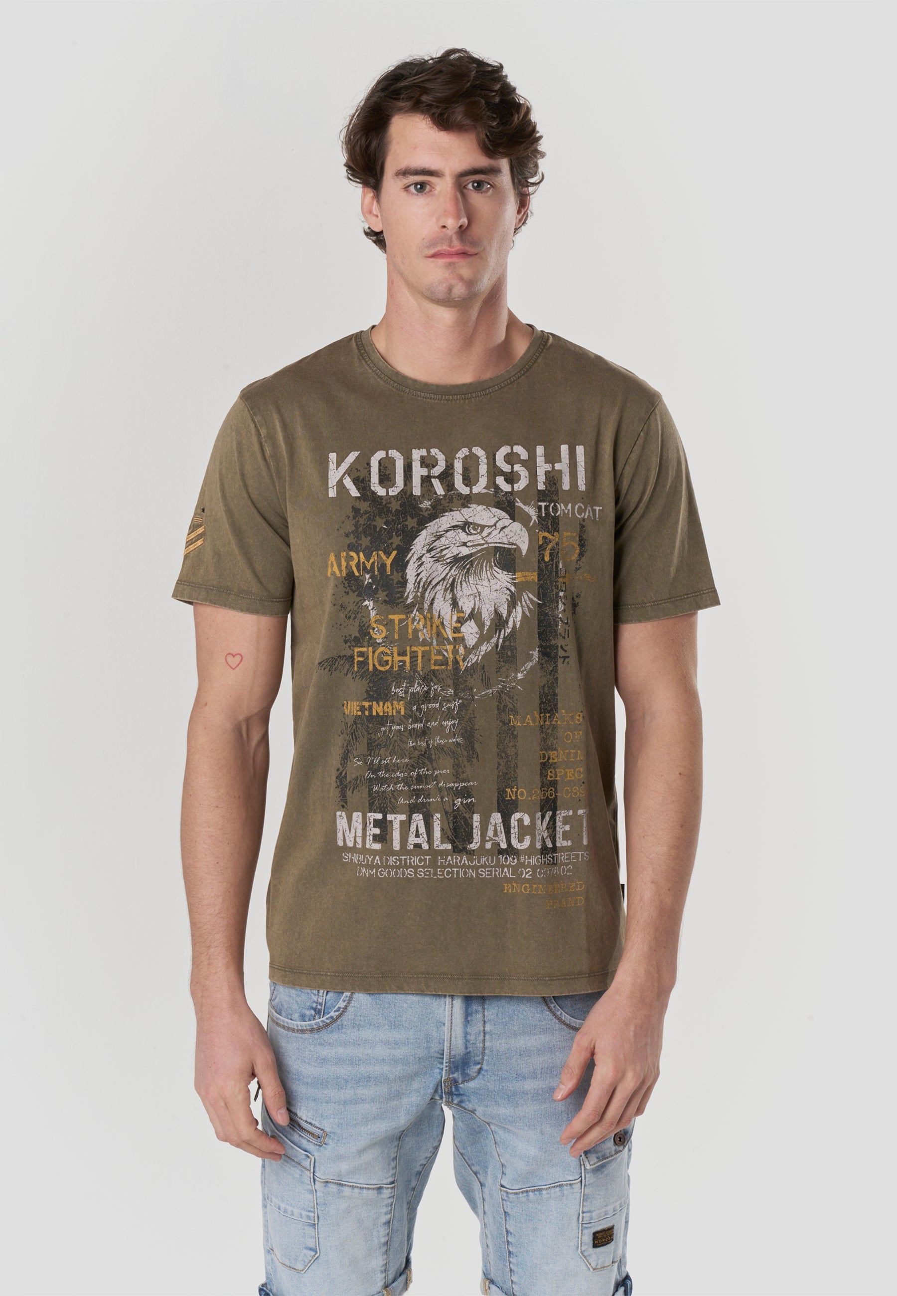 Camiseta Hombre Manga Corta Lavada Print Águila Army Kaki – Koroshi