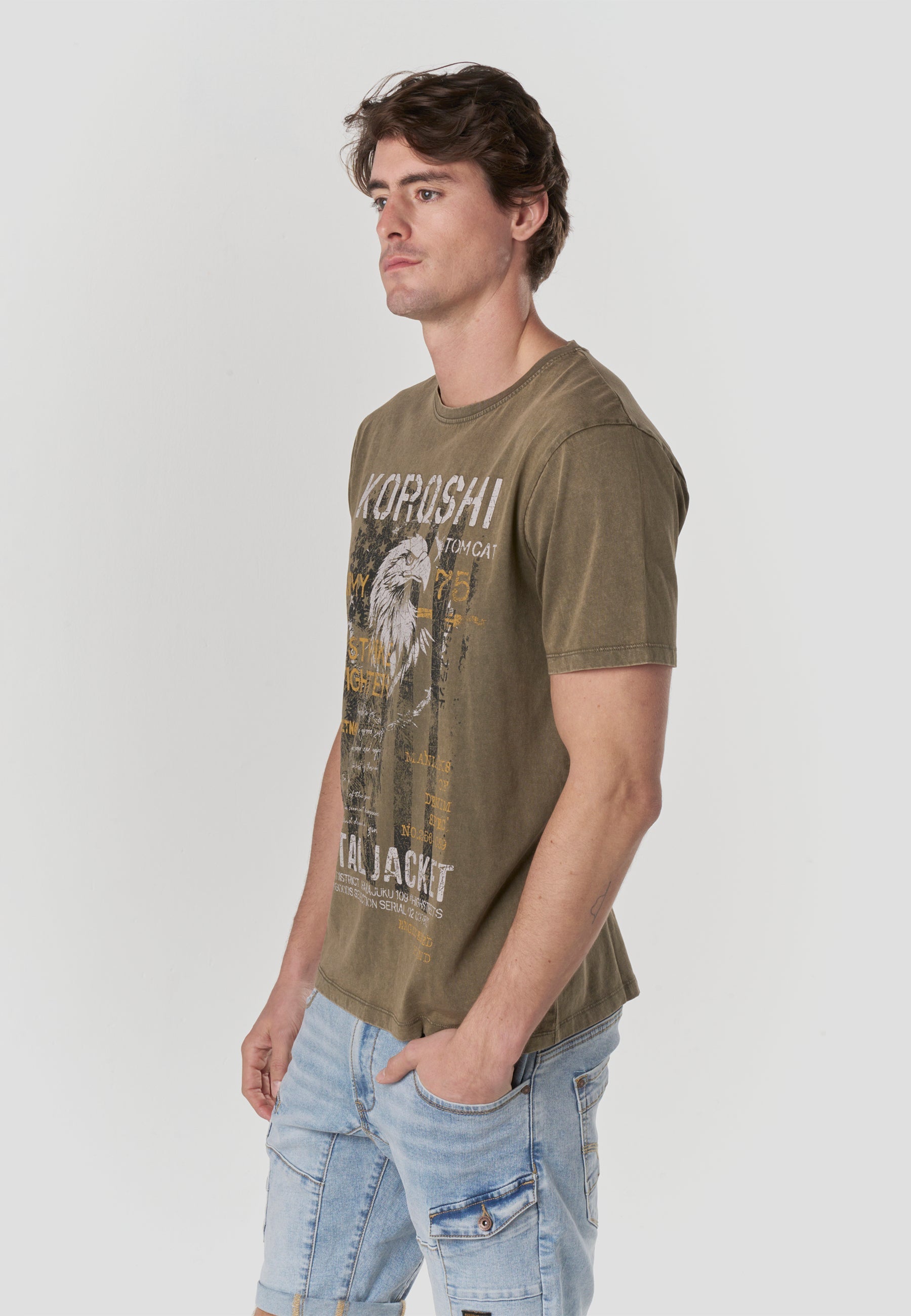 Camiseta Hombre Manga Corta Lavada Print Águila Army Kaki – Koroshi
